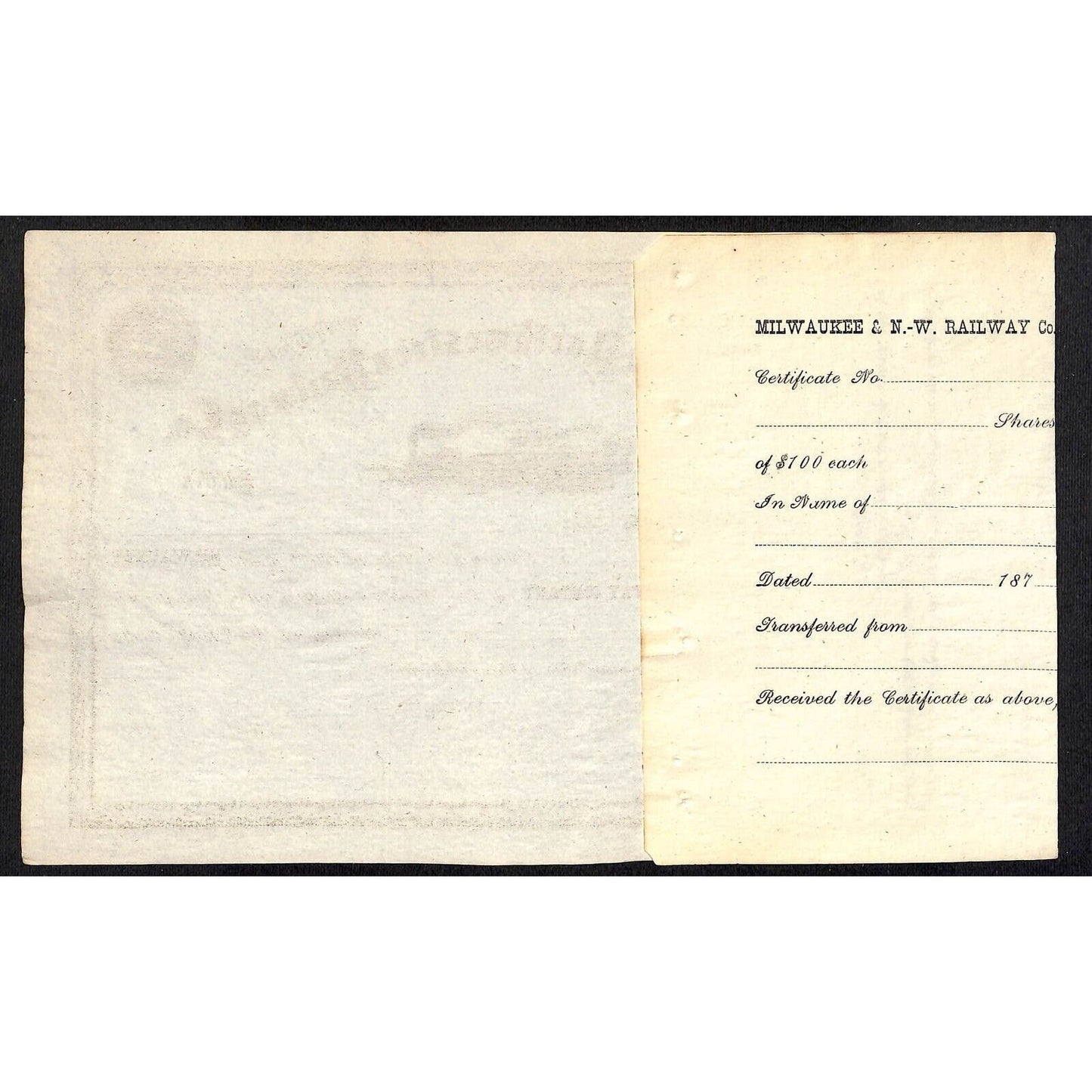 Milwaukee and Northwestern Railway 187x 1870s Stock Certificate Unissued w/ Reg