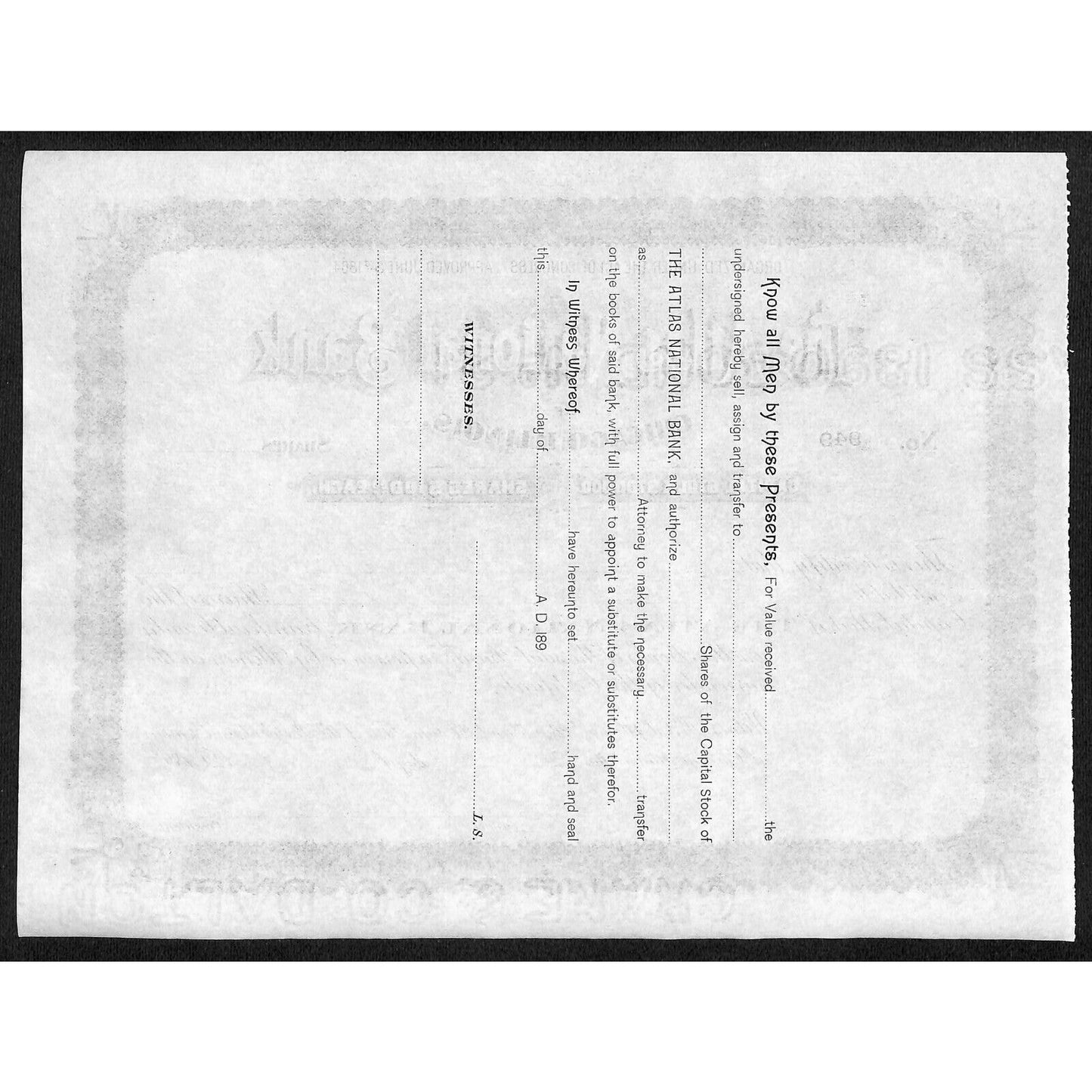 Atlas National Bank Chicago 1890's 189x Stock Certificate Unissued #949