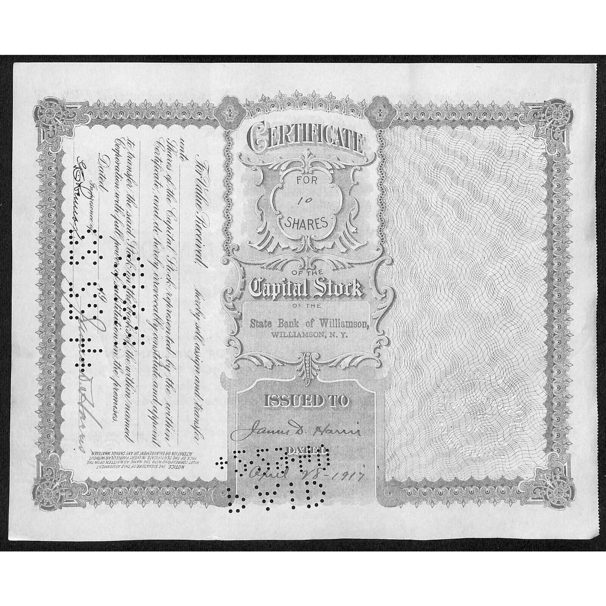 State Bank of Williamson NY 1917 Stock Certificate James D. Harris #122 Scarce