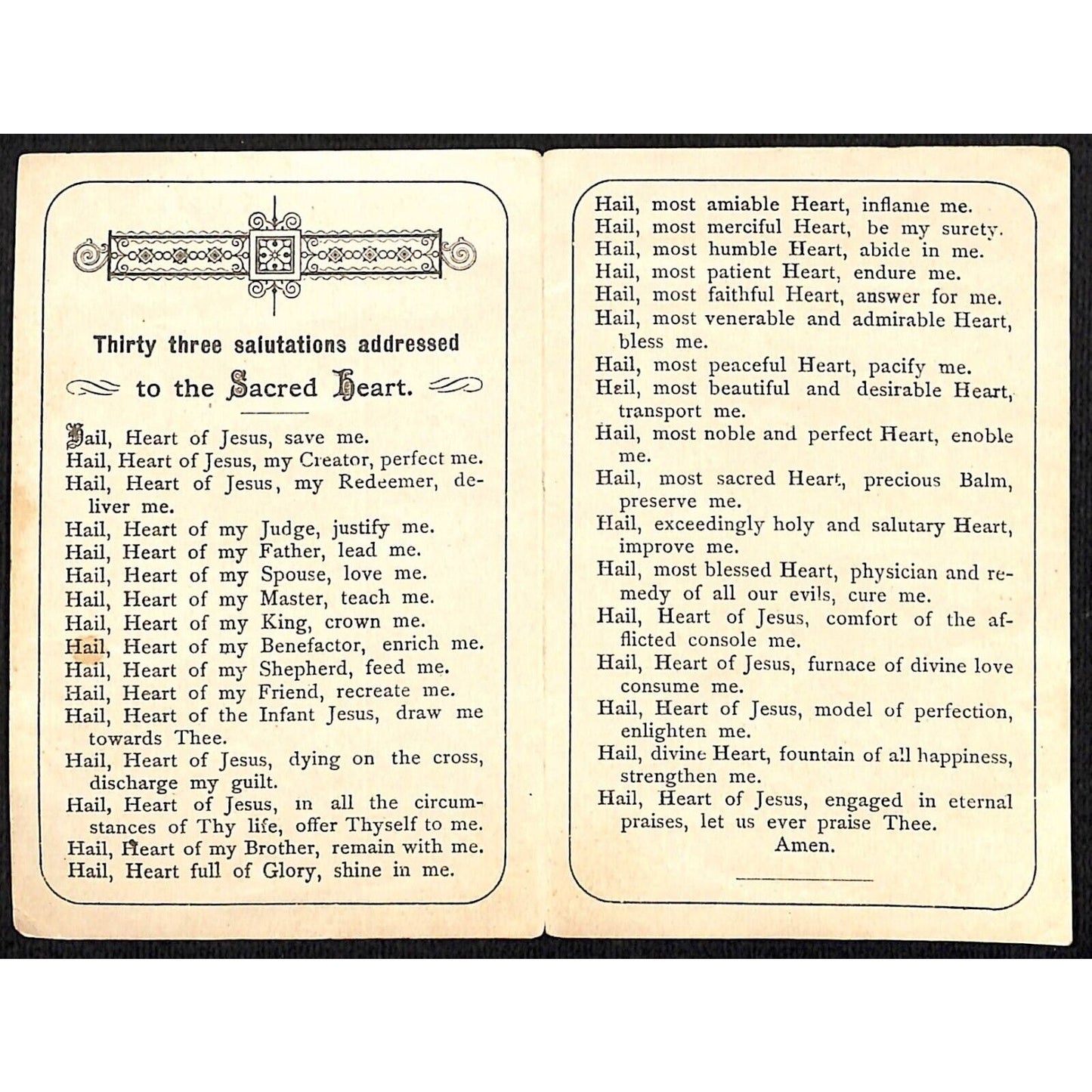 Thirty Three Salutations / to the Sacred Heart Holy Card c1900 Scarce