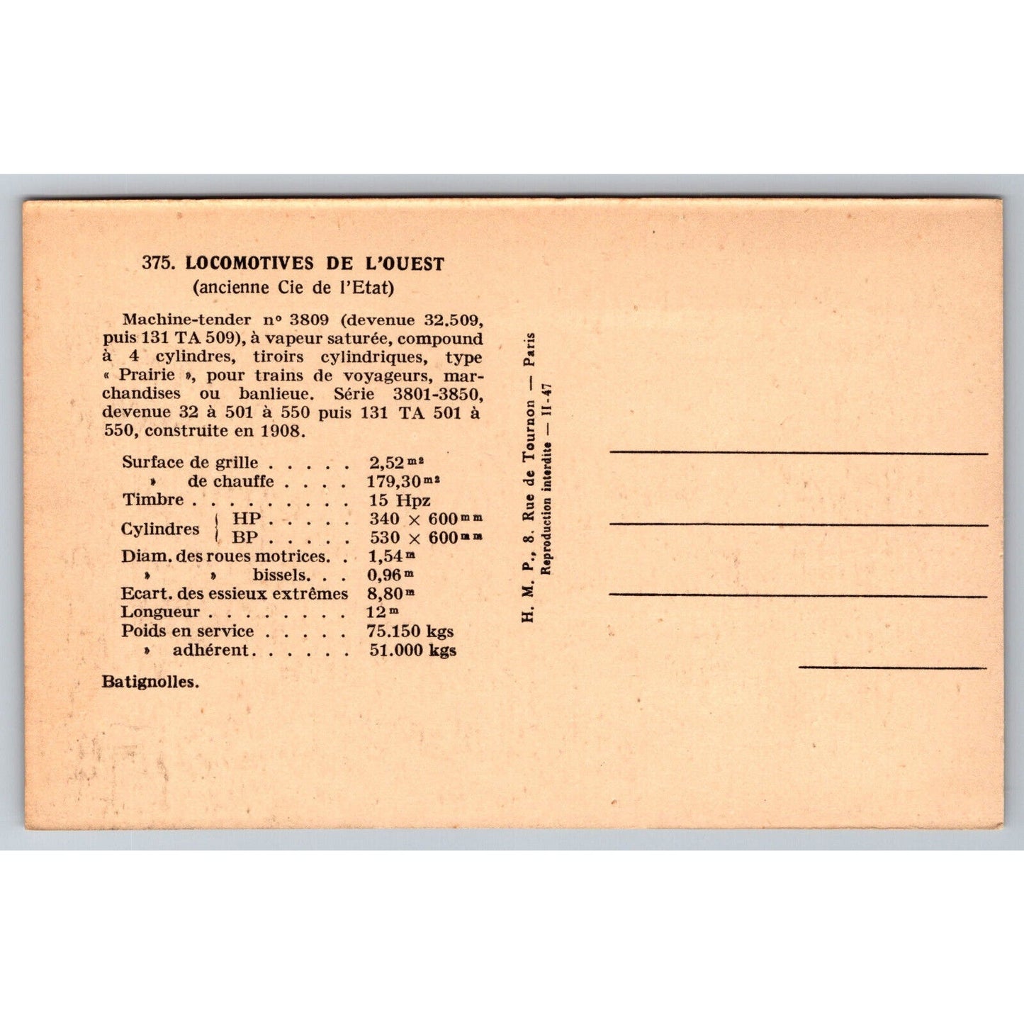 French Railroad RPPC* Postcard Machine 3809 Series 3801-3850 c1900 H.M.P.