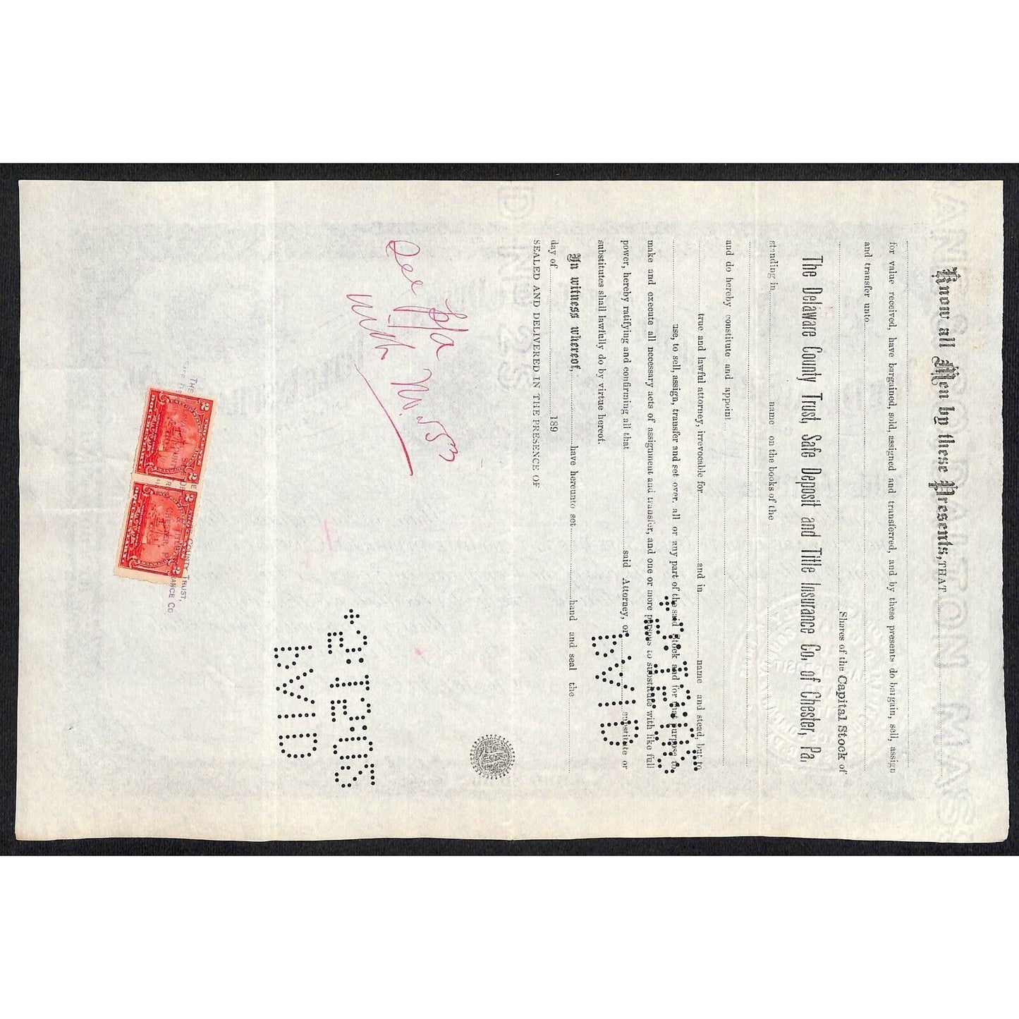 Delaware County Trust, Safe Deposit and Title Ins. Co. 1896 Stock Certificate