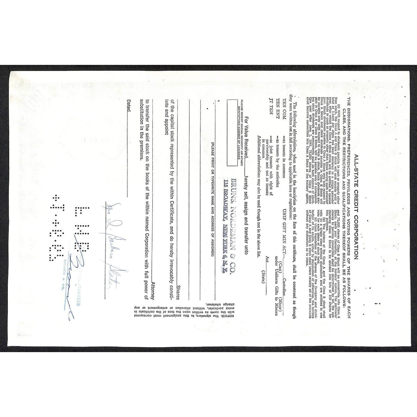 All State Credit Corporation NY 1966 Stock Certificate - Barbara Slater