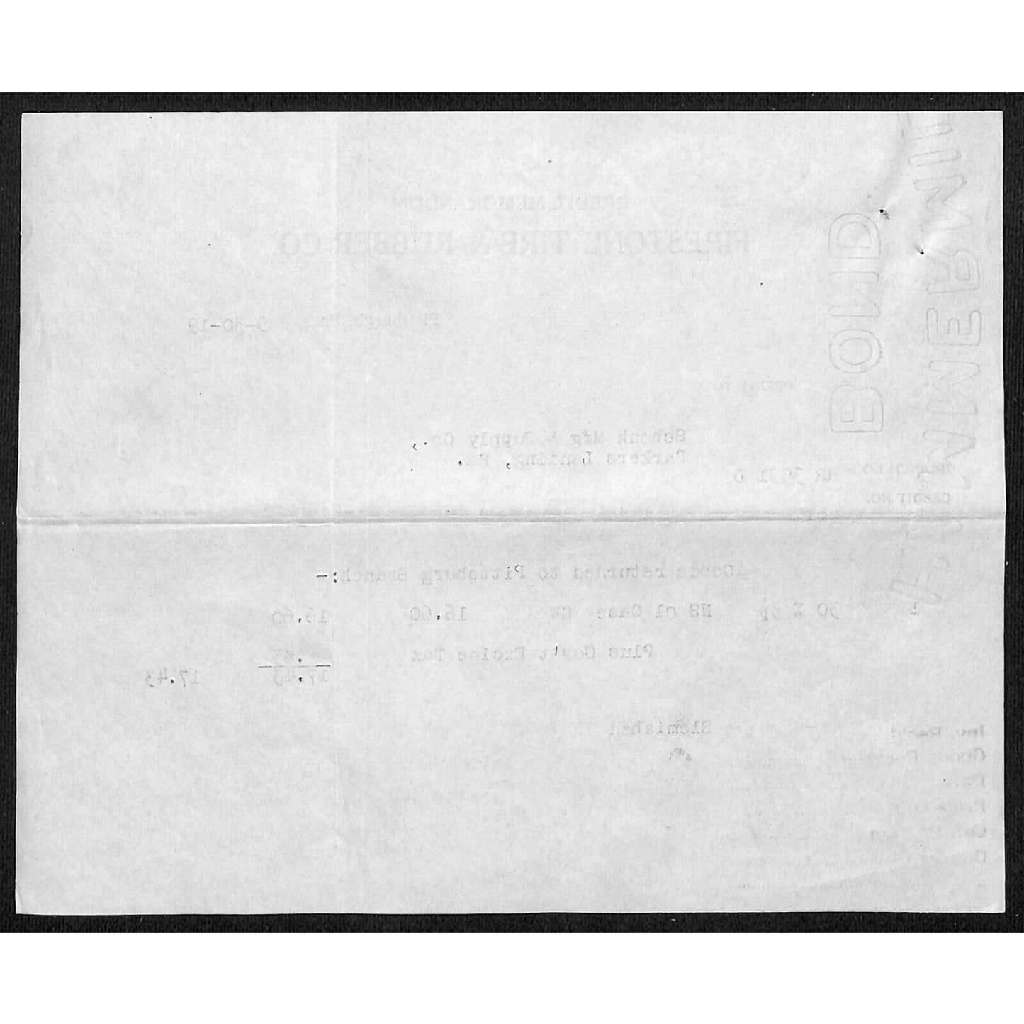 Firestone Tire & Rubber Co. Pittsburgh, PA 1919 Credit Memo / Billhead