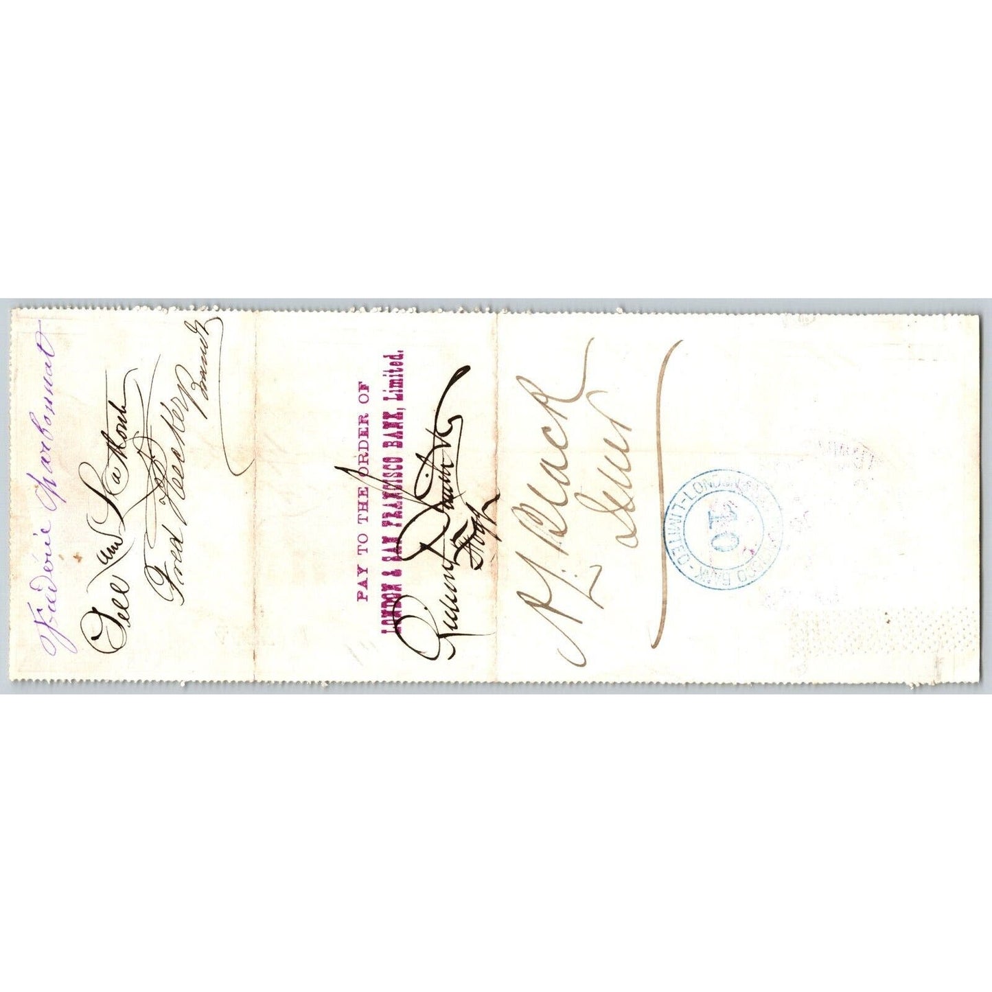 Bank of La Porte Check Frederick Charbonnat 1878 Mining Vignette RN-G1 Rev #4457
