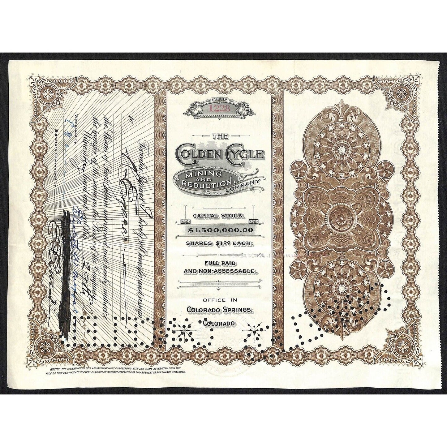Golden Cycle Mining 1915 Stock Certificate w/ A.E. Carlton Sig. #1228