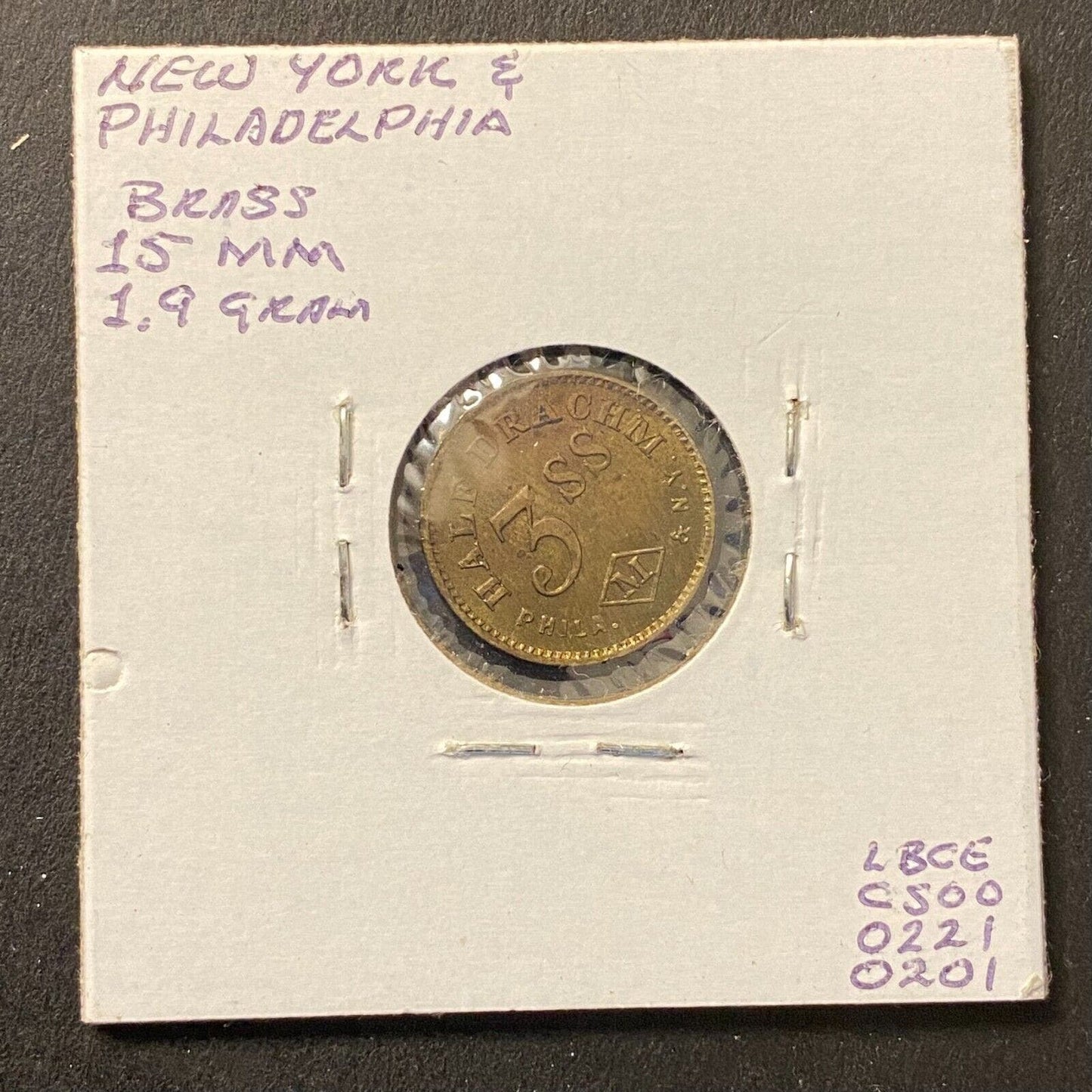 Half Drachm 3SS (John Maris) Phil. NY Apothecary Weight Brass 15mm 1.9g Token