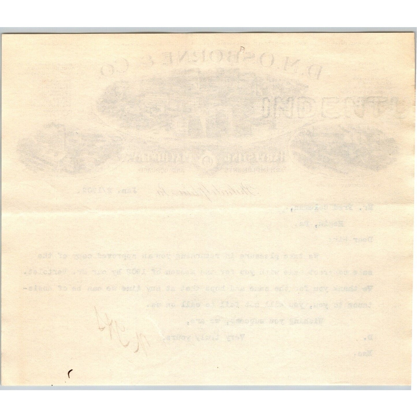 D.M. Osborne & Co. (IH*) Harvesting Machinery Phila. 1/2 1902 Letterhead