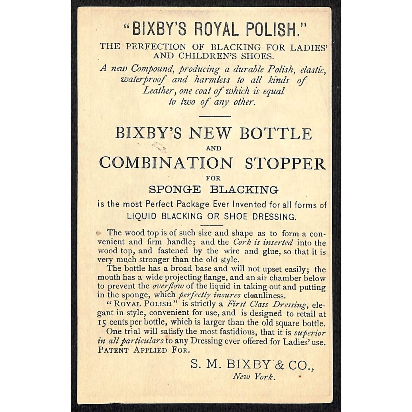 Bixby's Royal Polish Victorian Trade Card "Columbia ?" Theme U.S. Flag Shield