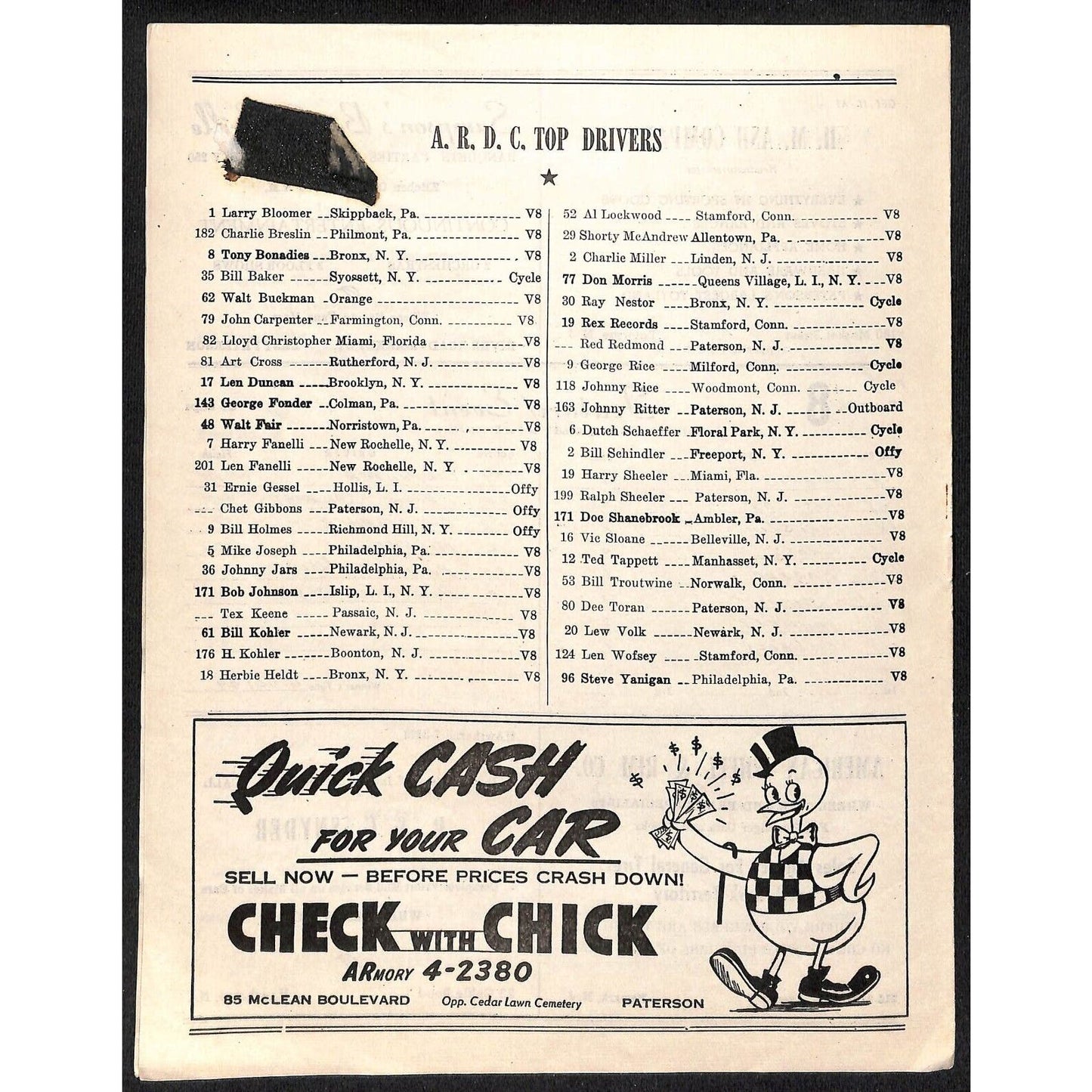 Hinchliffe Stadium Midget Auto Races 10/1/1946 Program Len Fanelli 4pp Scarce