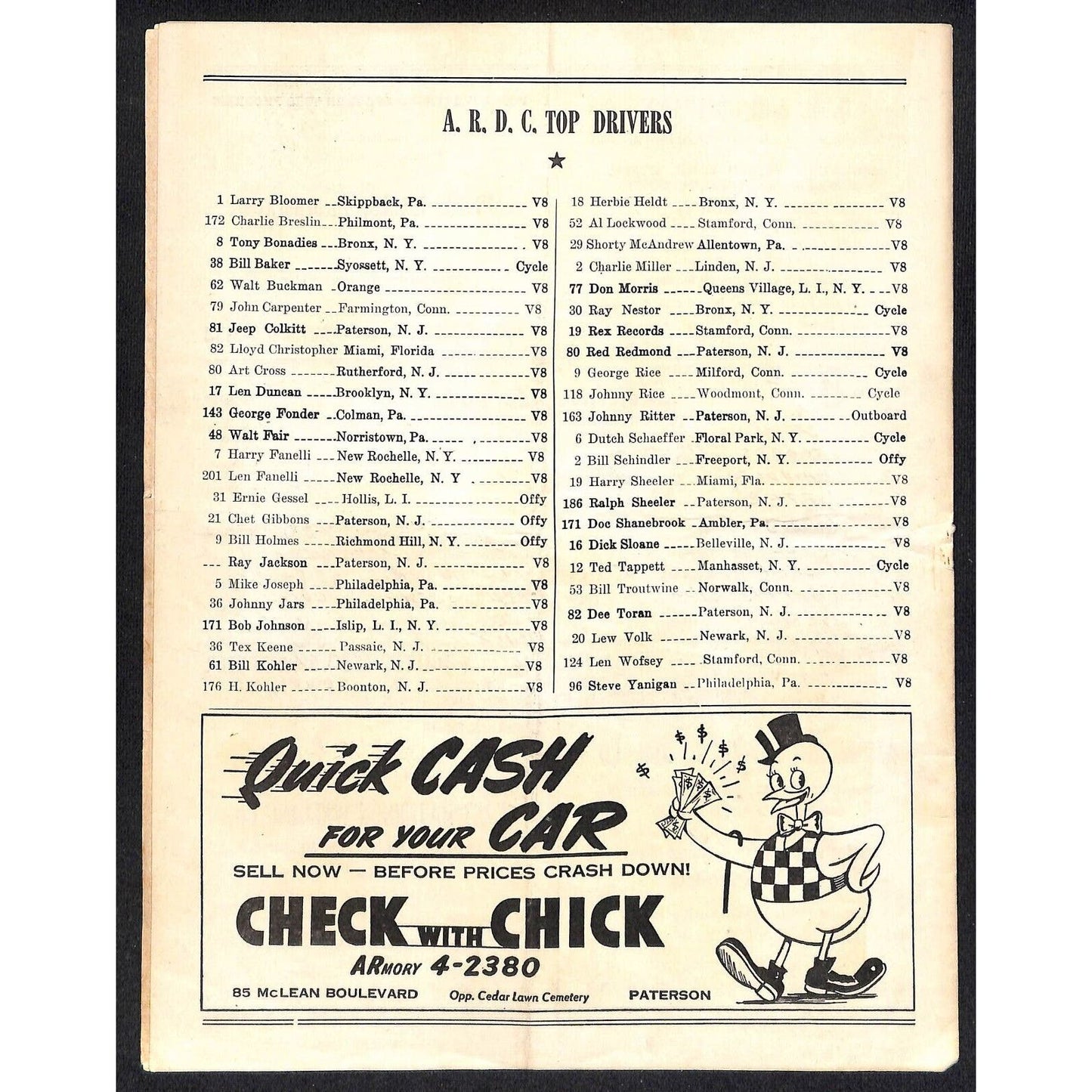 Hinchliffe Stadium Midget Auto Races 8/30/1946 Program Bill Baker 4pp Scarce
