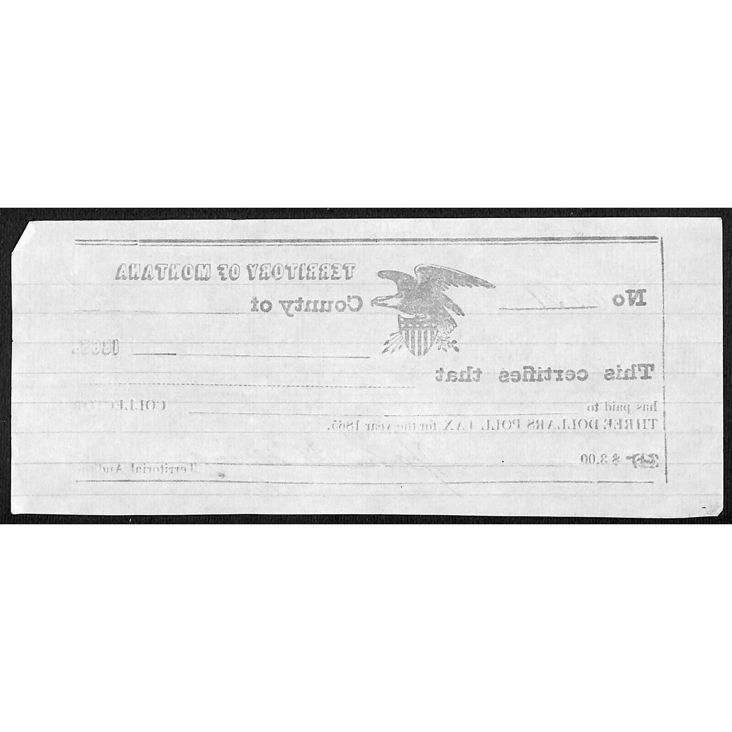 1865 Territory of Montana $3 Poll Tax Receipt #6631 VGC Scarce