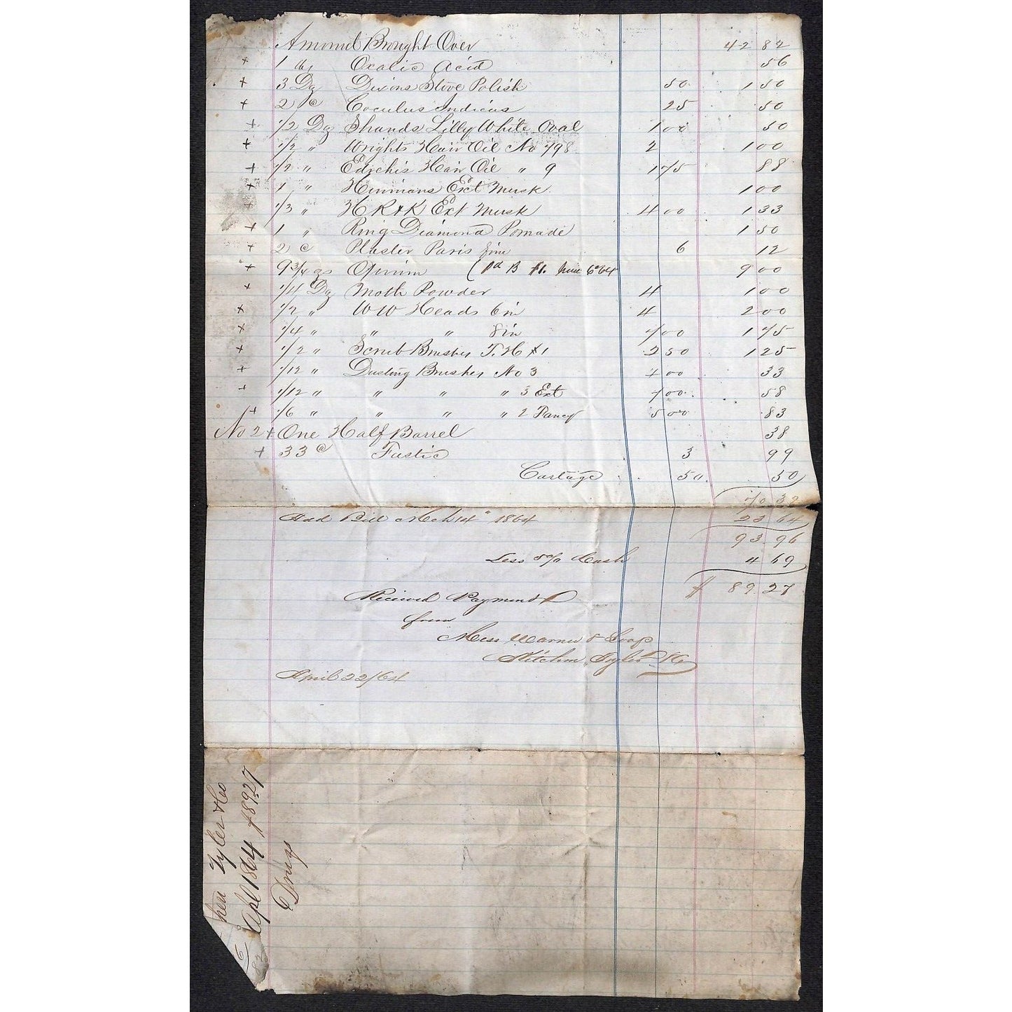 Kitchen, Tyler & Co. Druggists NYC 1863 J.J. Cover, Johnsville, OH* Billhead