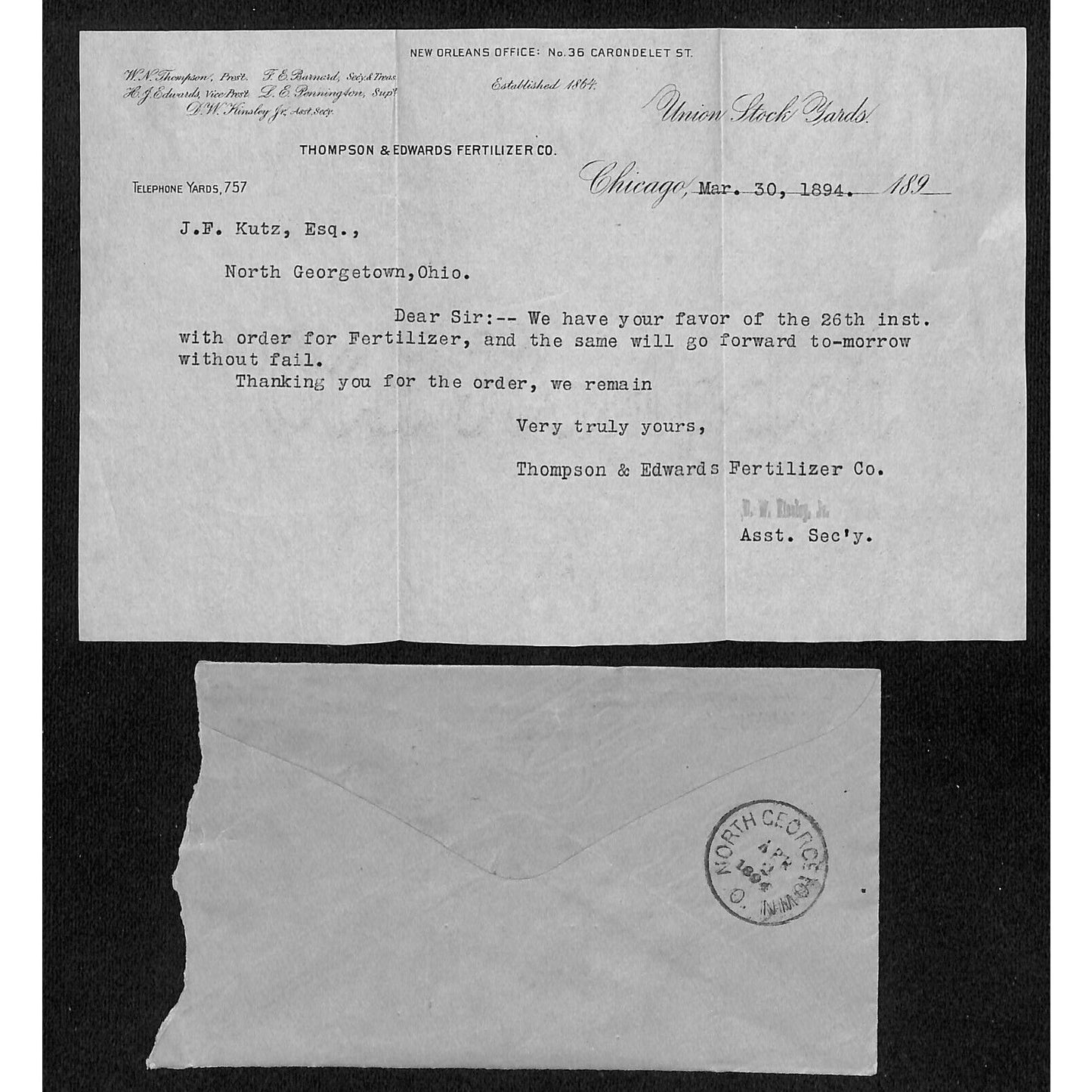 Thompson & Edwards Fertilizer Chicago 1894 Letterhead & Cover VGC