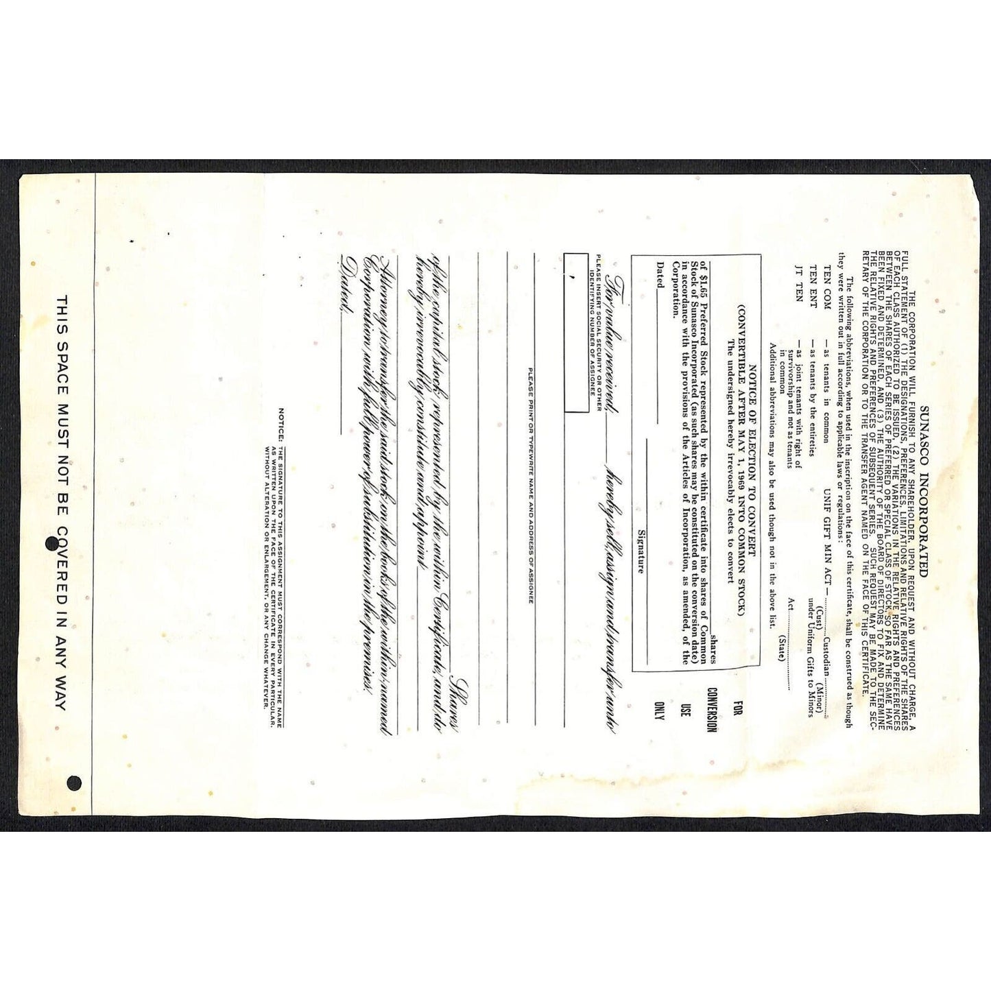 Sunasco Inc. 1966 Stock Certificate w/ Construction Vignette 1 Share