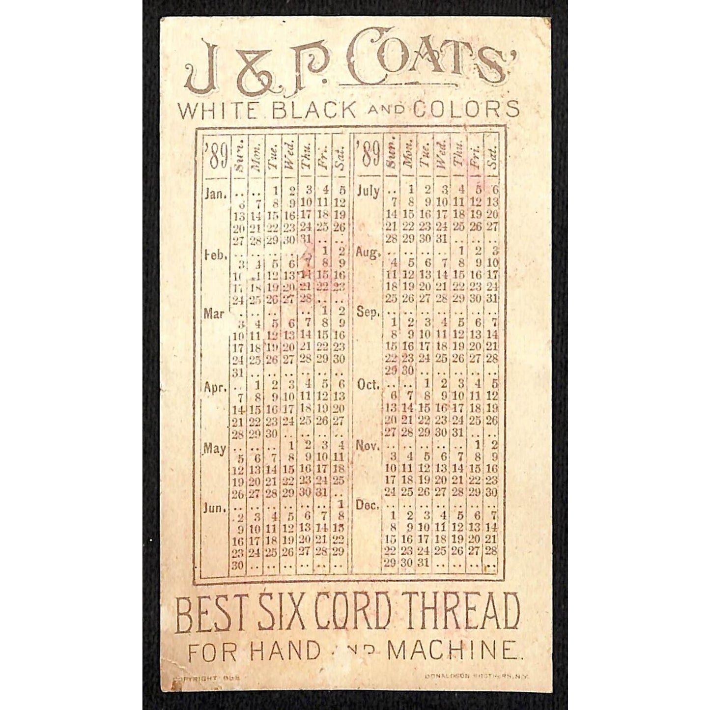 J & P Coats Thread Victorian Trade Card 5 Cats Repair Clothes 1889 Calendar VGC
