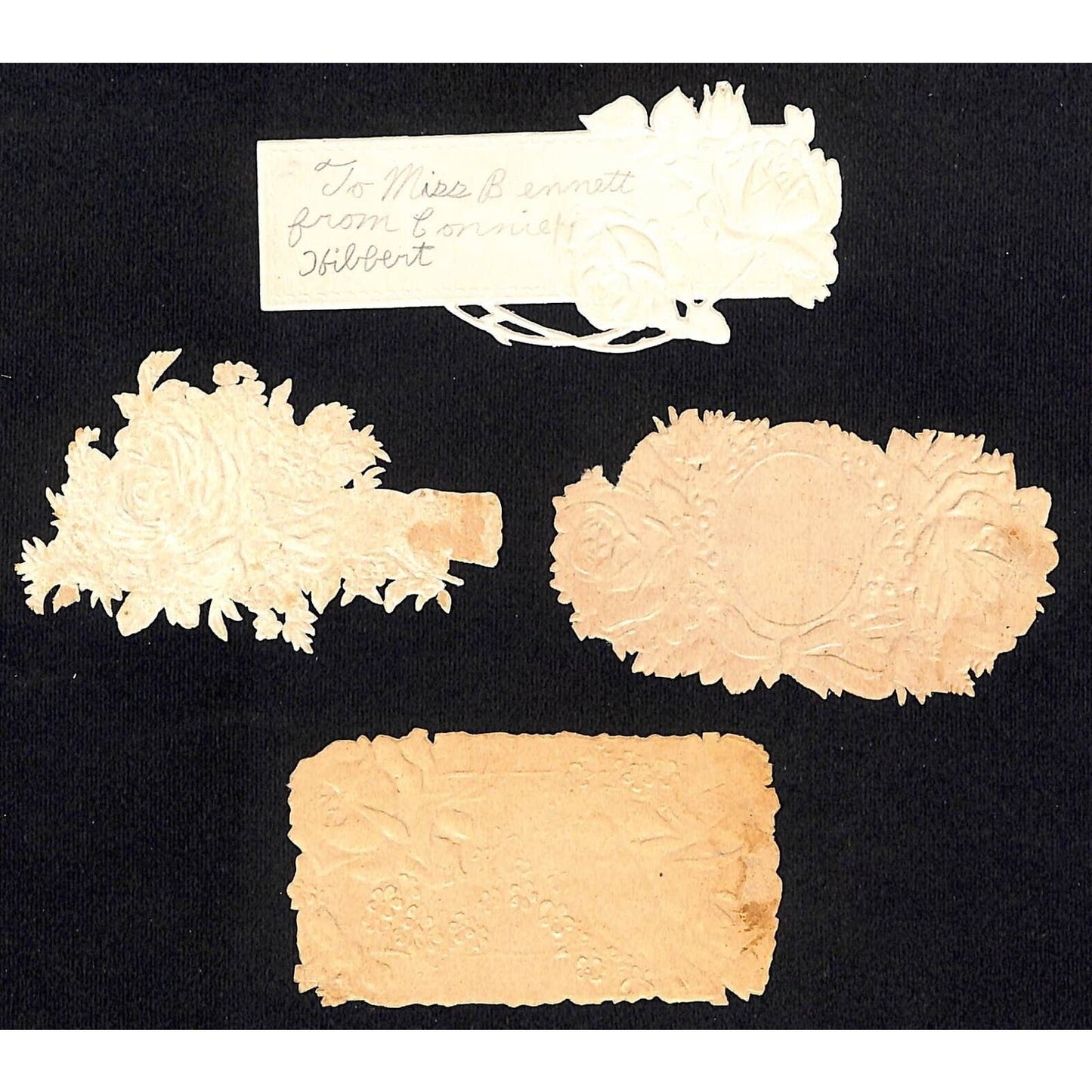 Group of 4 Victorian Embossed Die Cut Floral Scrap - Incl. 1 Valentine