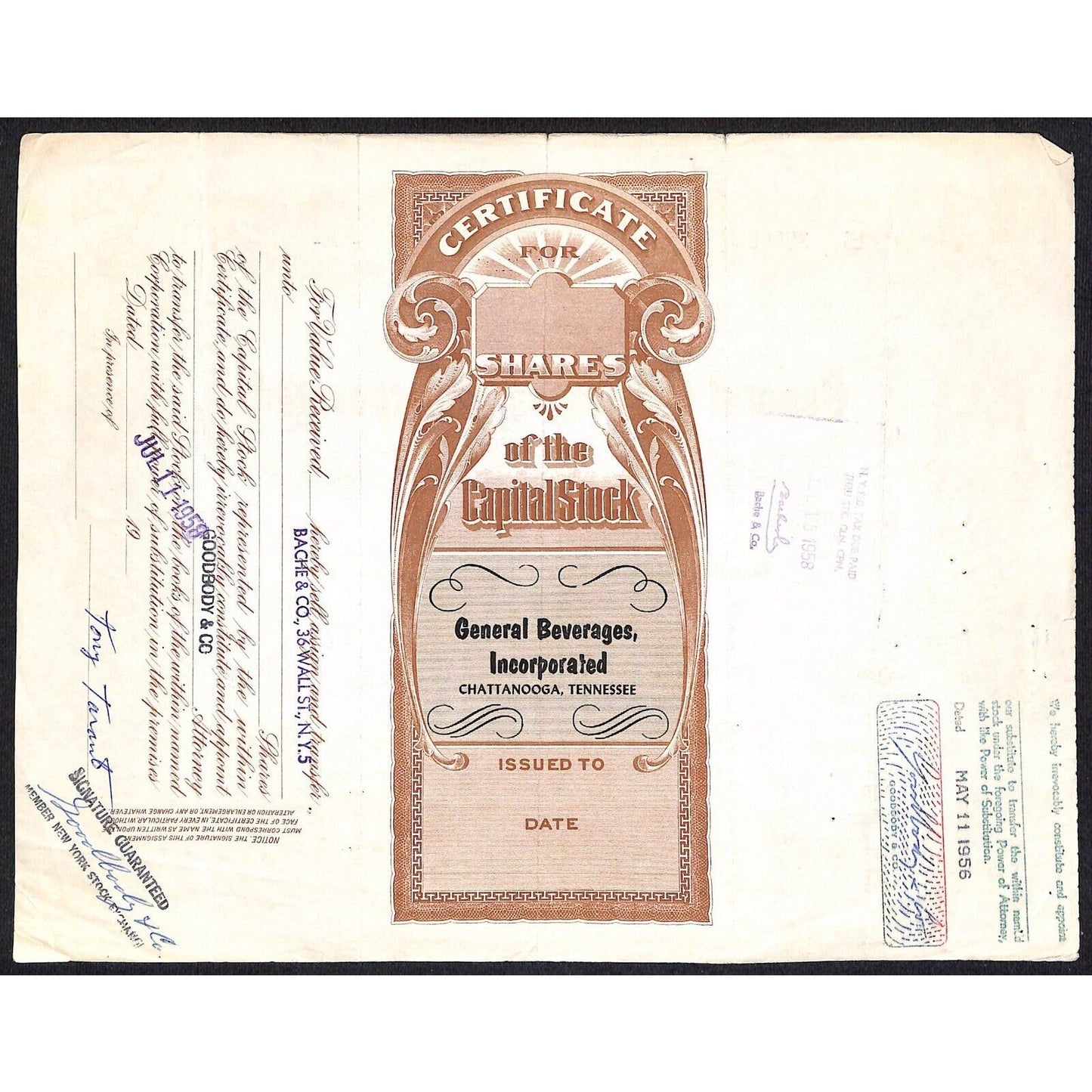 General Beverages, Inc.* Tennessee 1955 Stock Certificate to Tony Taranto