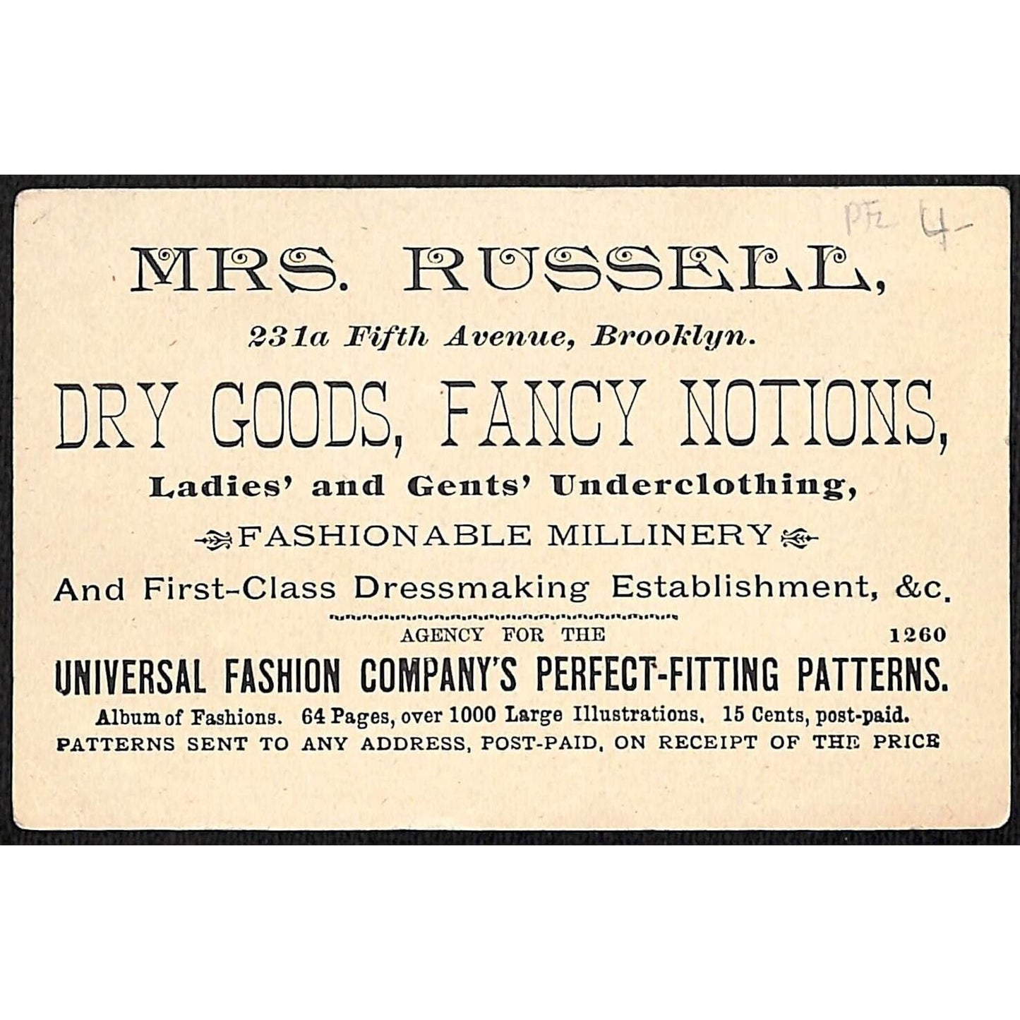 Mrs. Russell Brooklyn Universal Patterns Victorian Trade Card Woman w/ Rose