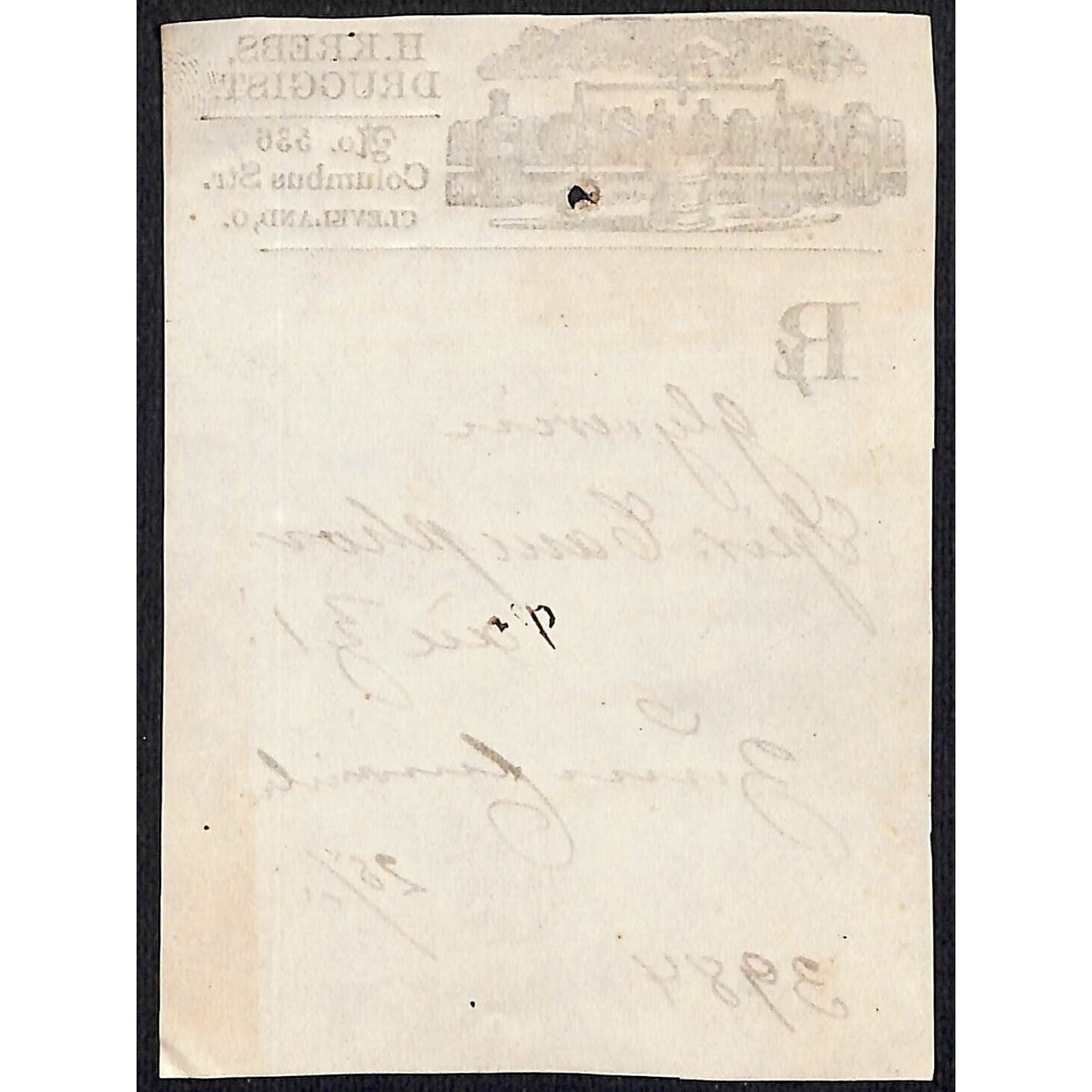 H. Krebs, Druggist Columbus St. Cleveland c1870's* Prescription #3984