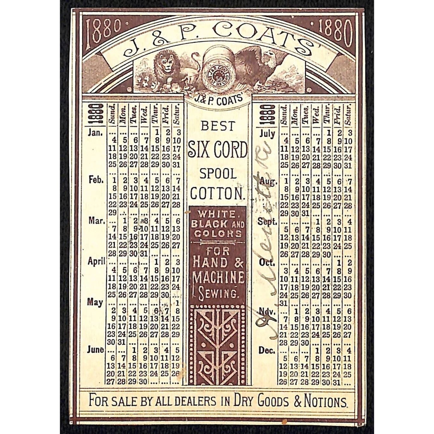 J & P. Coats Thread Victorian Trade Card 1880 Calendar Couple Fishing at Stream