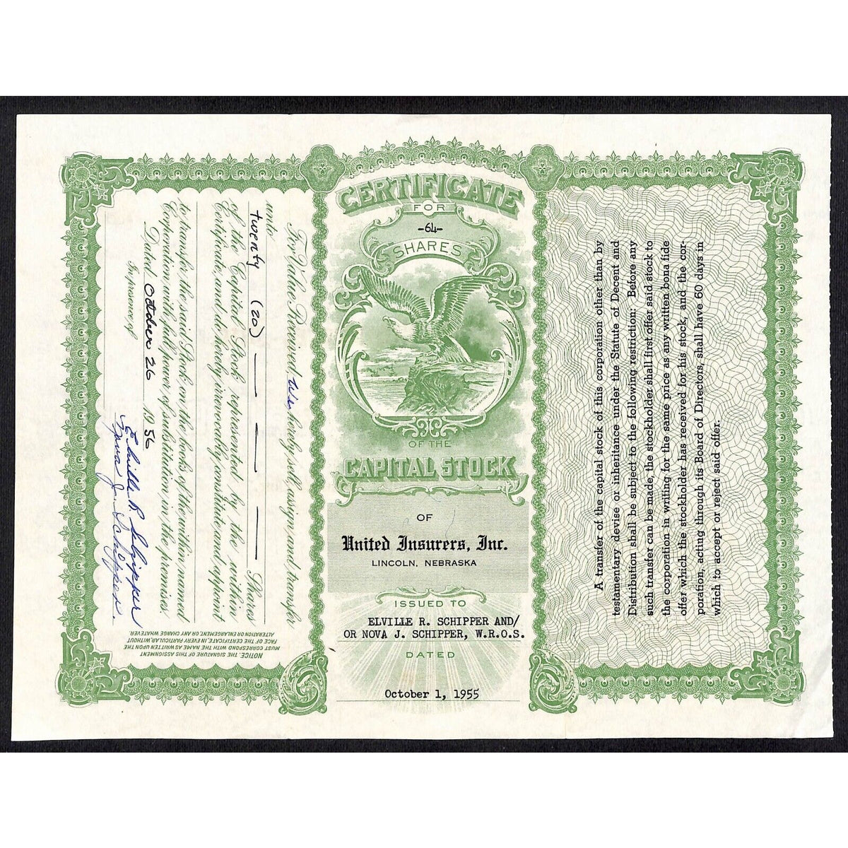 United Insurers Inc. 1955 Nebraska Stock Certificate Elville R Schipper VGC