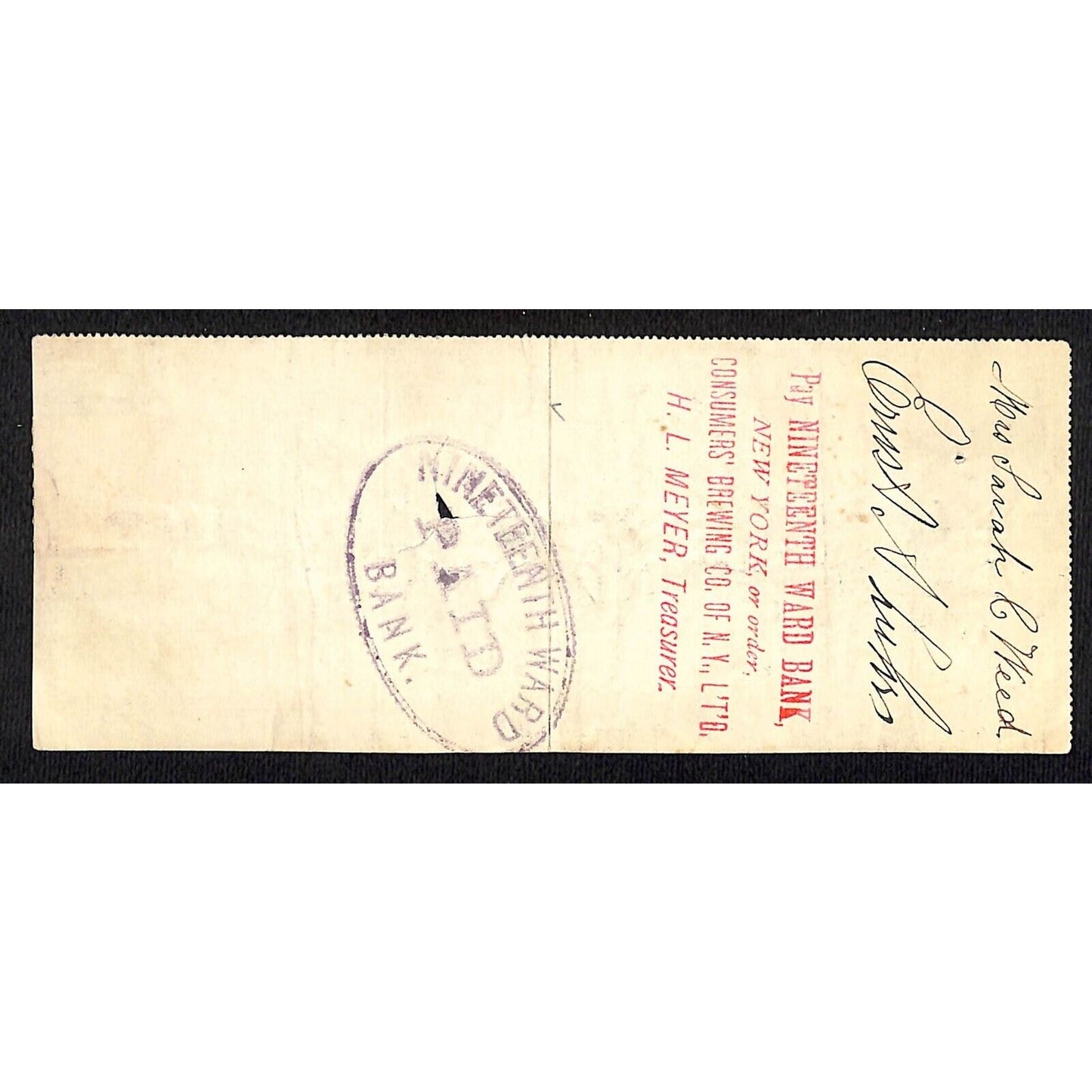 1900 Wells Fargo & Co Bank 63 Broadway NYC Check #91 w/ Rev Stamp S.C. Weed
