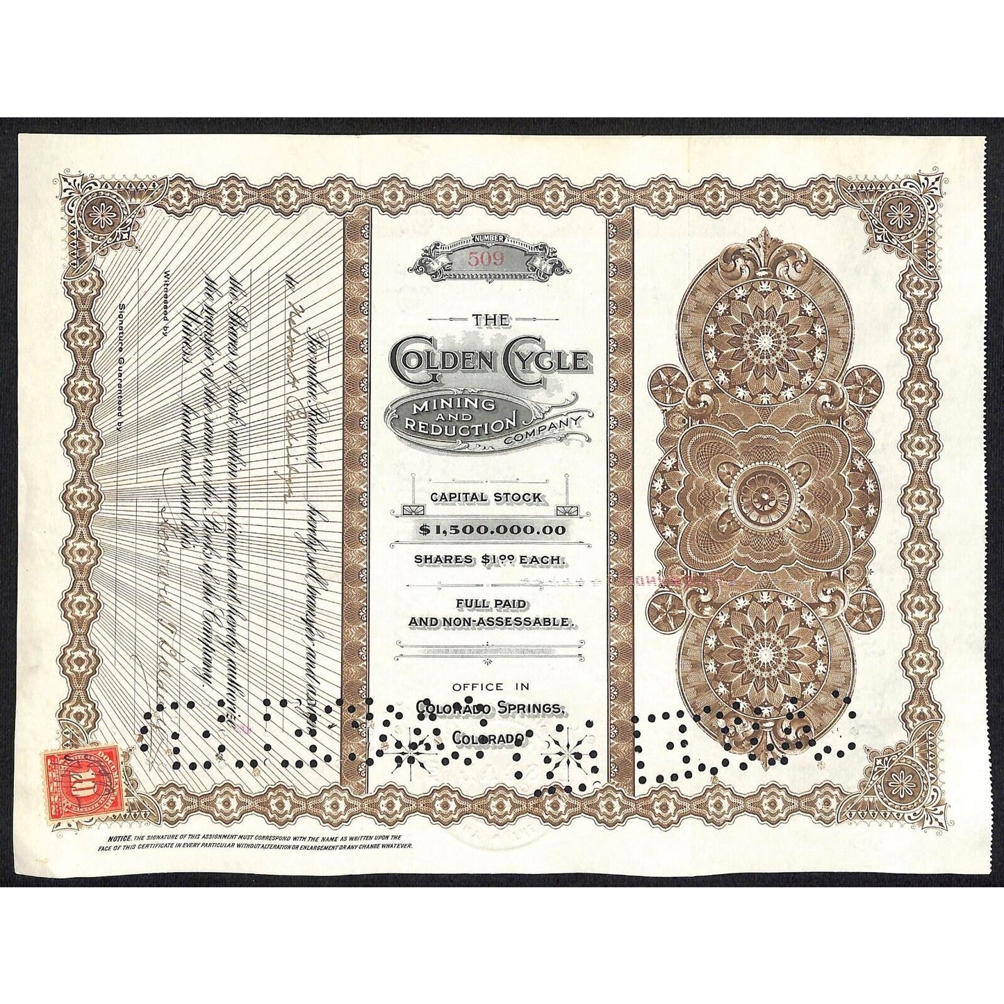 Golden Cycle Mining 1915 Stock Certificate w/ A.E. Carlton Sig. #509