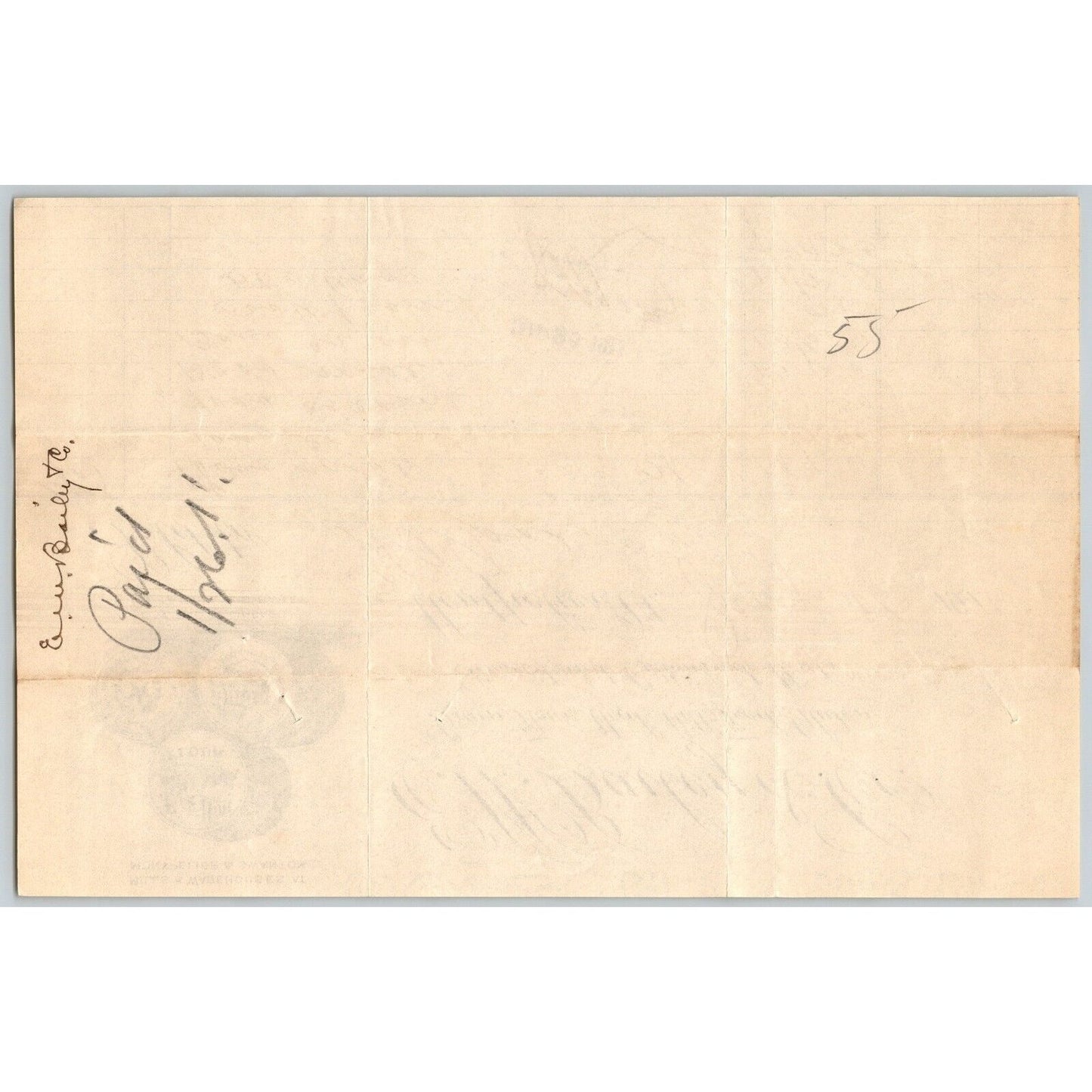 E.W. Bailey & Co. Grain Flour Mill Feeds Montpelier, VT 1910 Billhead Lg. Order