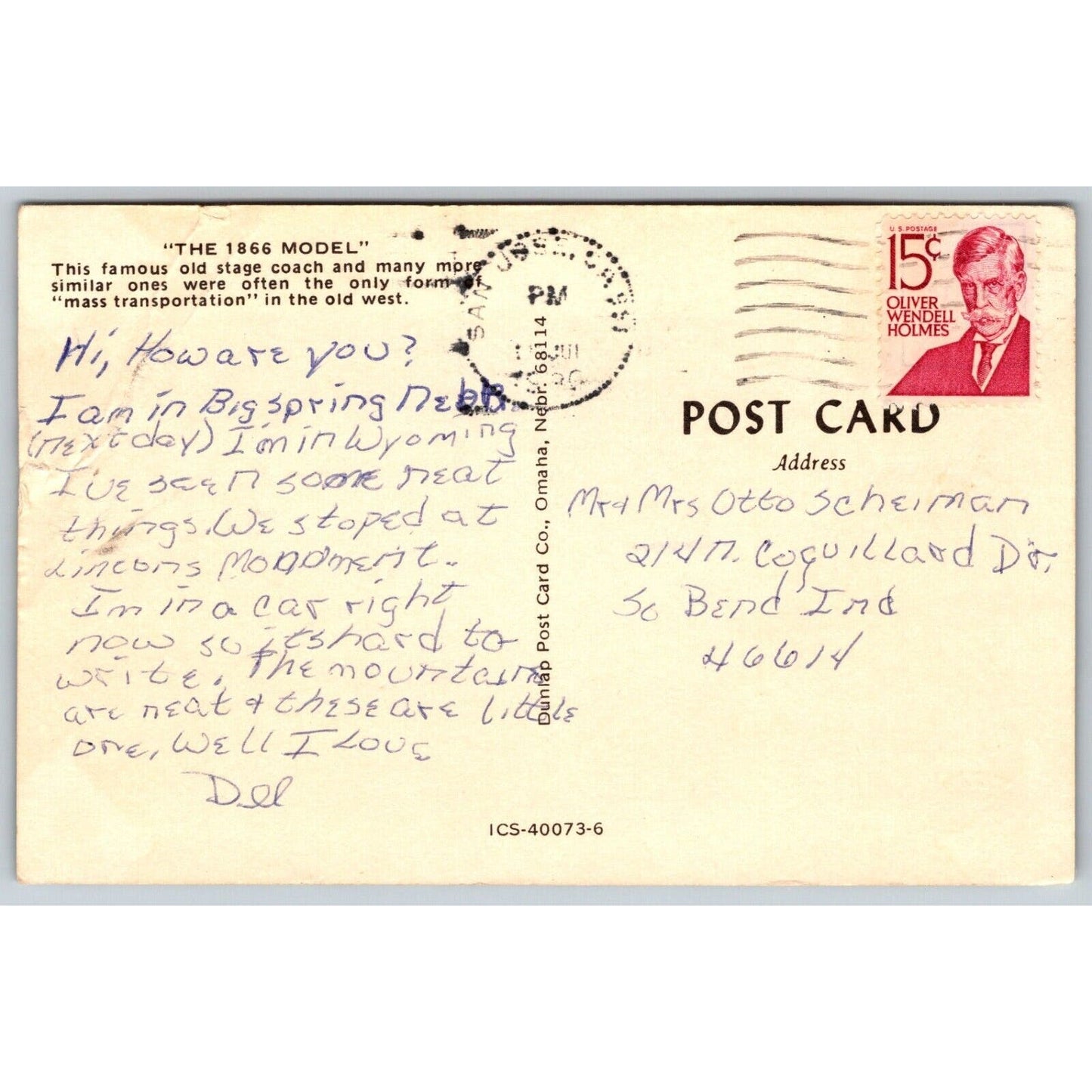 How the West Began "The 1866 Model" Stage Coach Postcard PM c1965-75