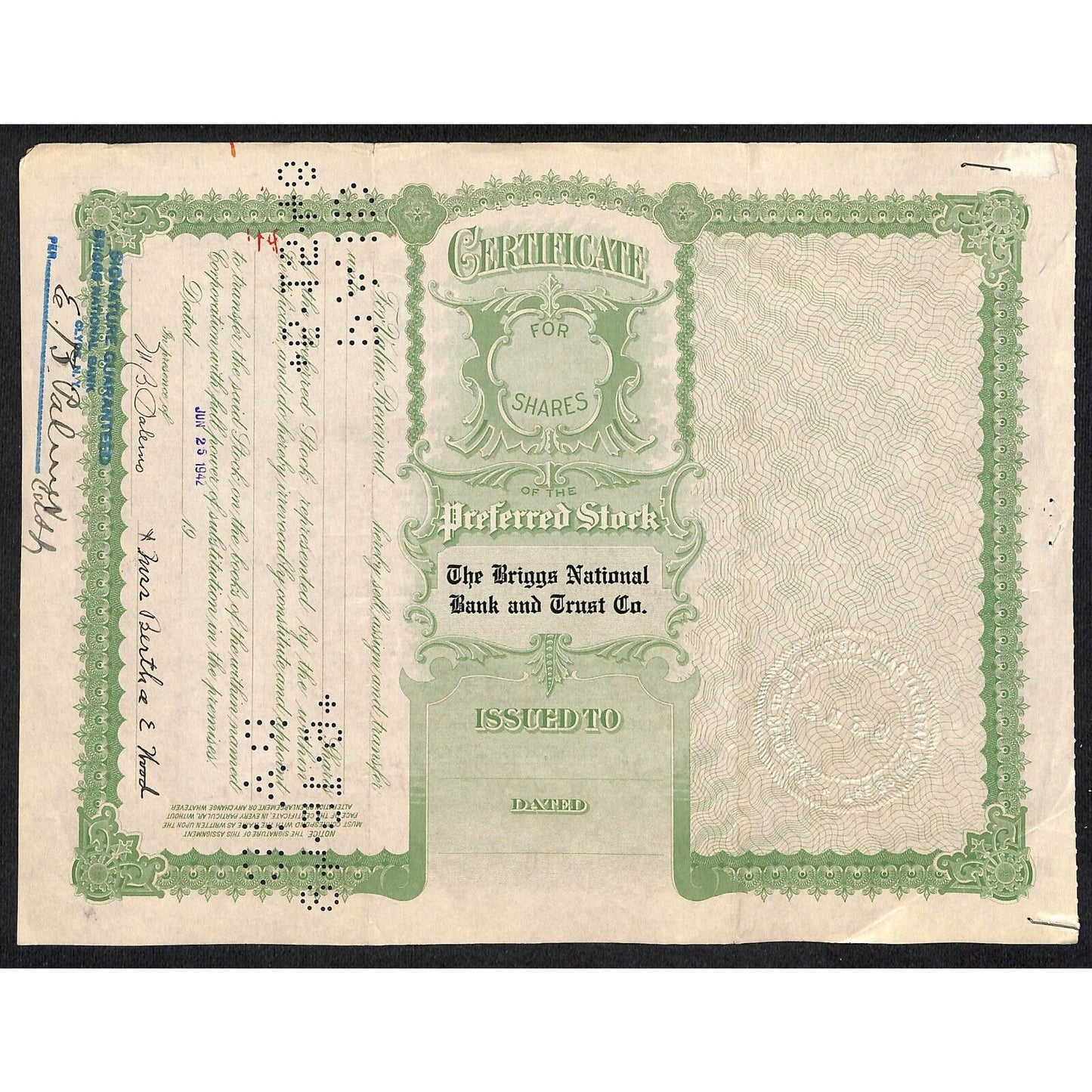 Briggs National Bank and Trust Clyde, NY 1938 Stock Certificate Bertha E. Wood