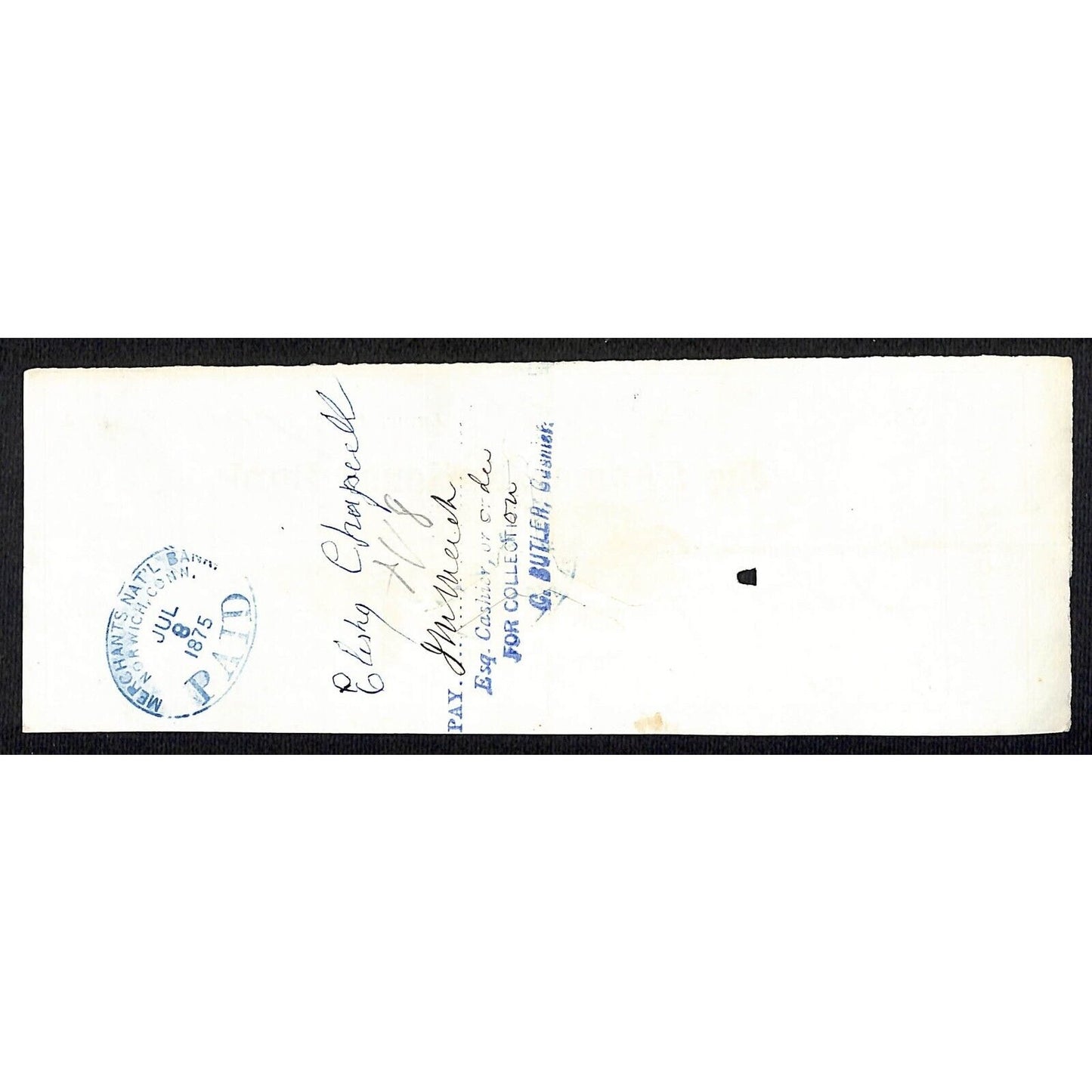 James A. Bill* 1875 Thames National Bank Lyme CT on Rev Stamp Check Stock (#12)