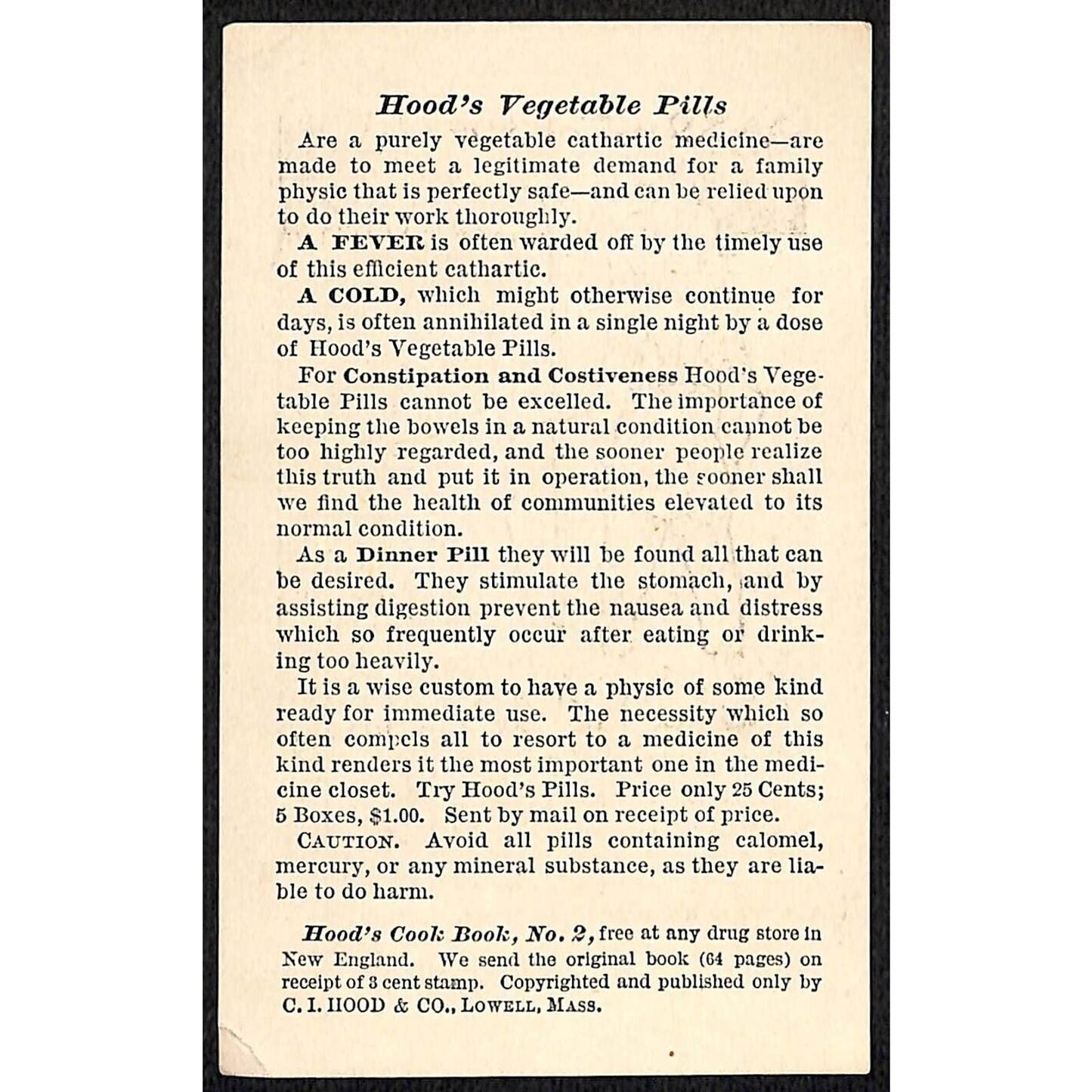 Hood's Vegetable Pills Victorian Trade Card Boy Girl Read Sign Straw Hat Bonnet