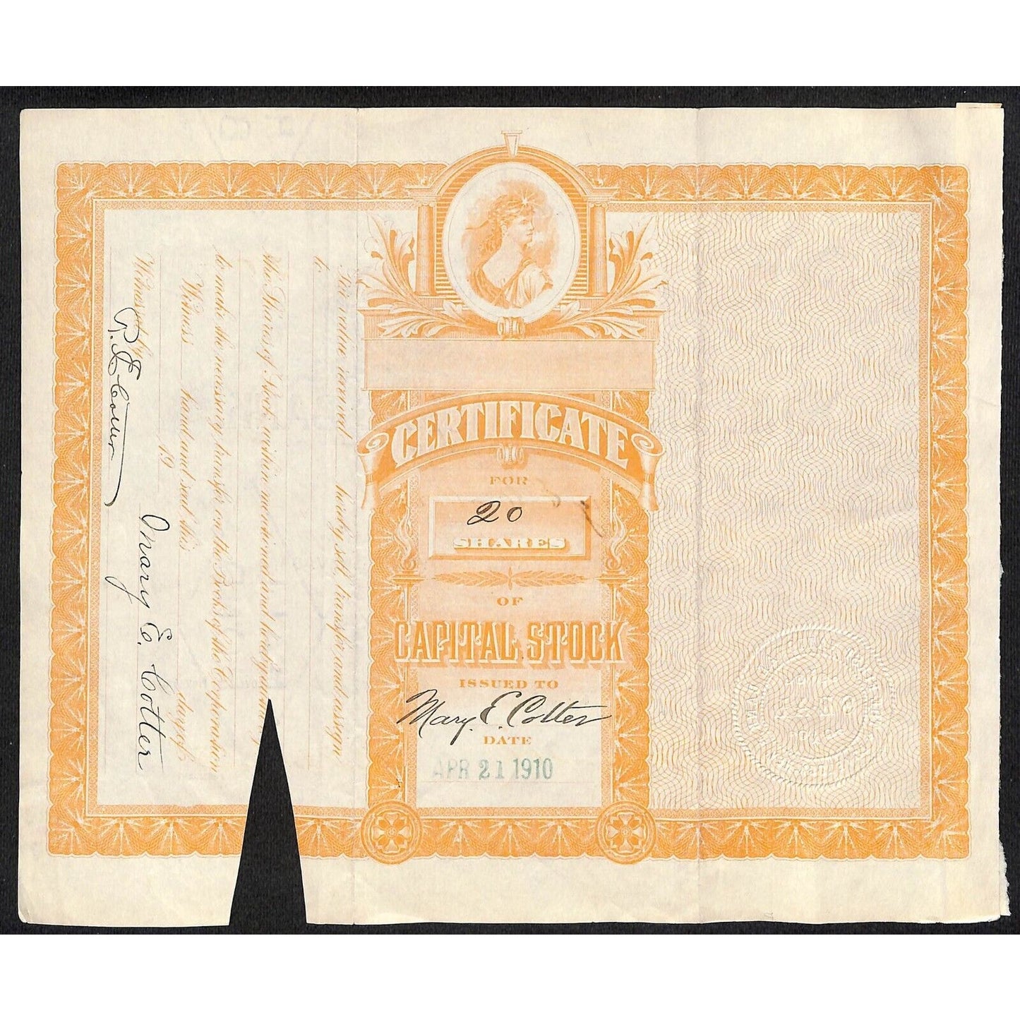 First National Bank of Lovelock, NV 1910 Stock Certificate to Mary E. Cotter