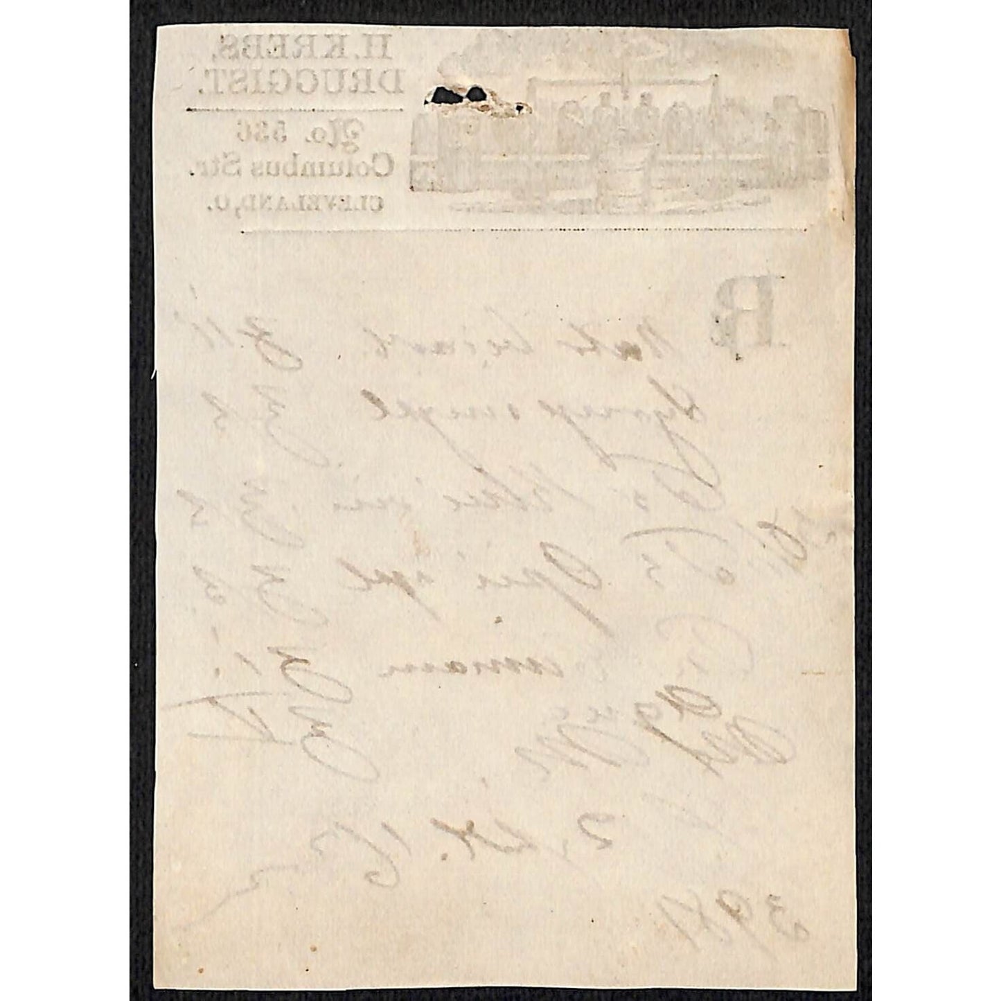 H. Krebs, Druggist Columbus St. Cleveland c1870's* Prescription #3981