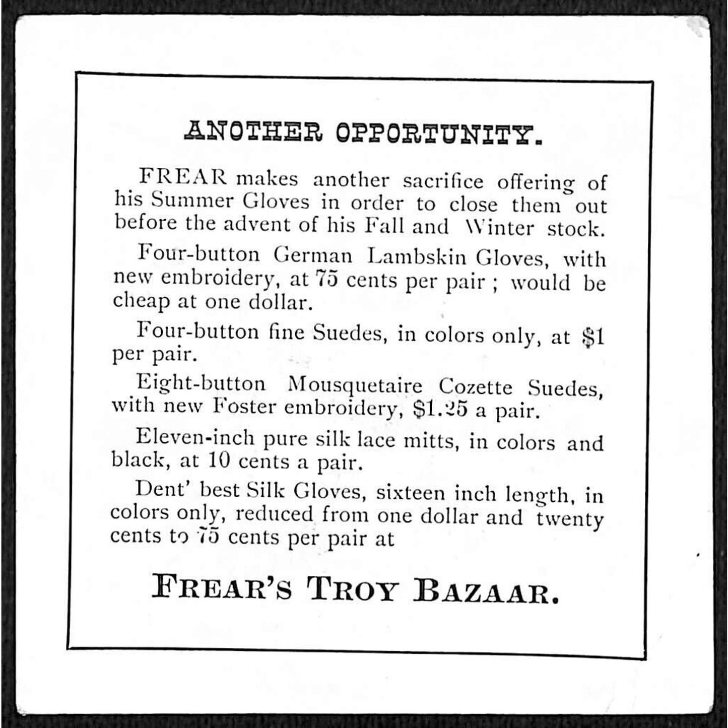 Frear's Troy Bazaar Dry Goods Victorian Trade Card Boy & Girl Graduating ?