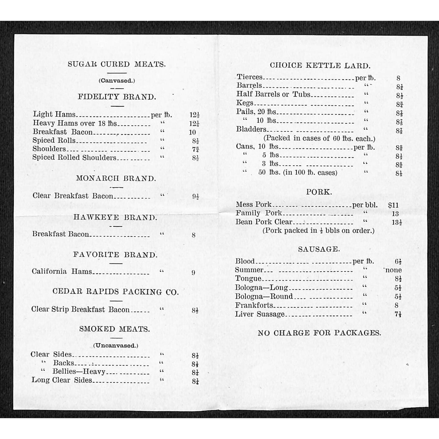 T.M. Sinclair & Co. Pork Packers Cedar Rapids, IA Small Price Sheet 9/27 1886