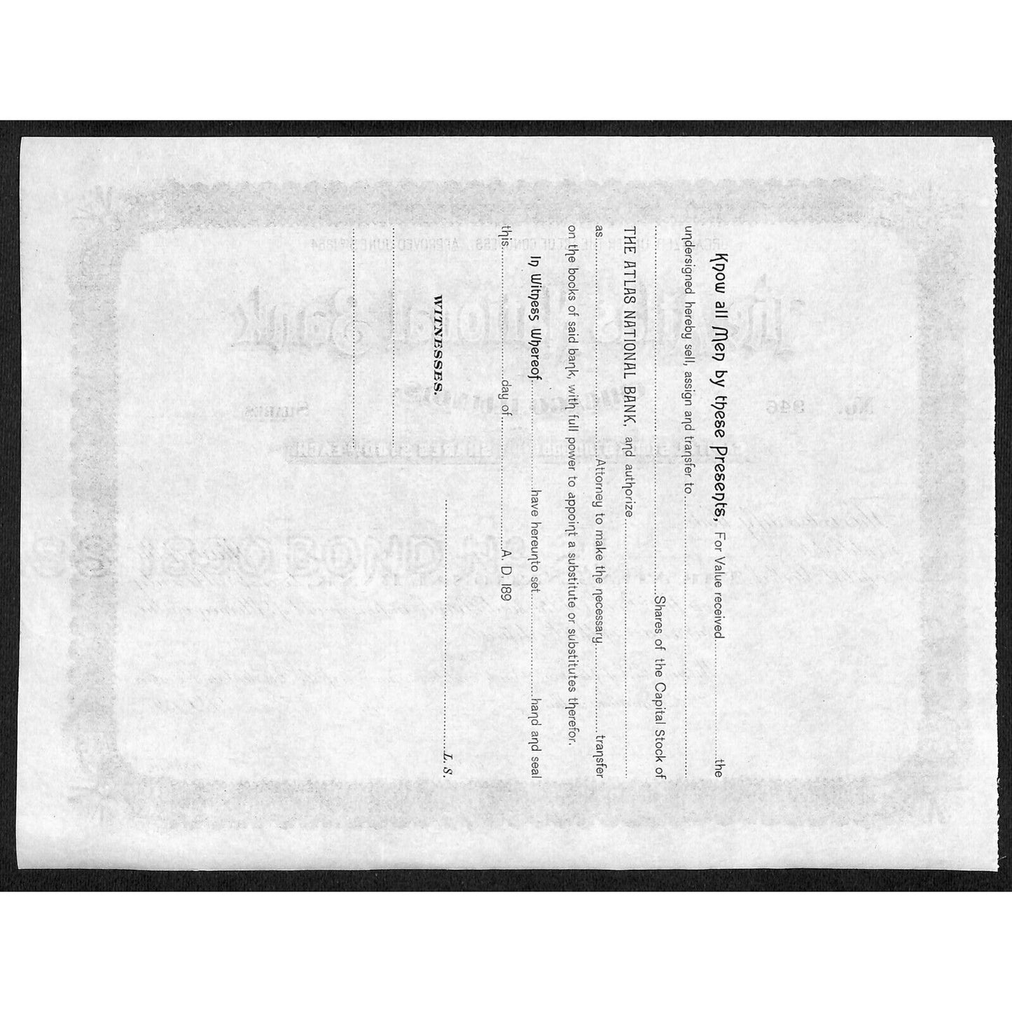Atlas National Bank Chicago 1890's 189x Stock Certificate Unissued #946