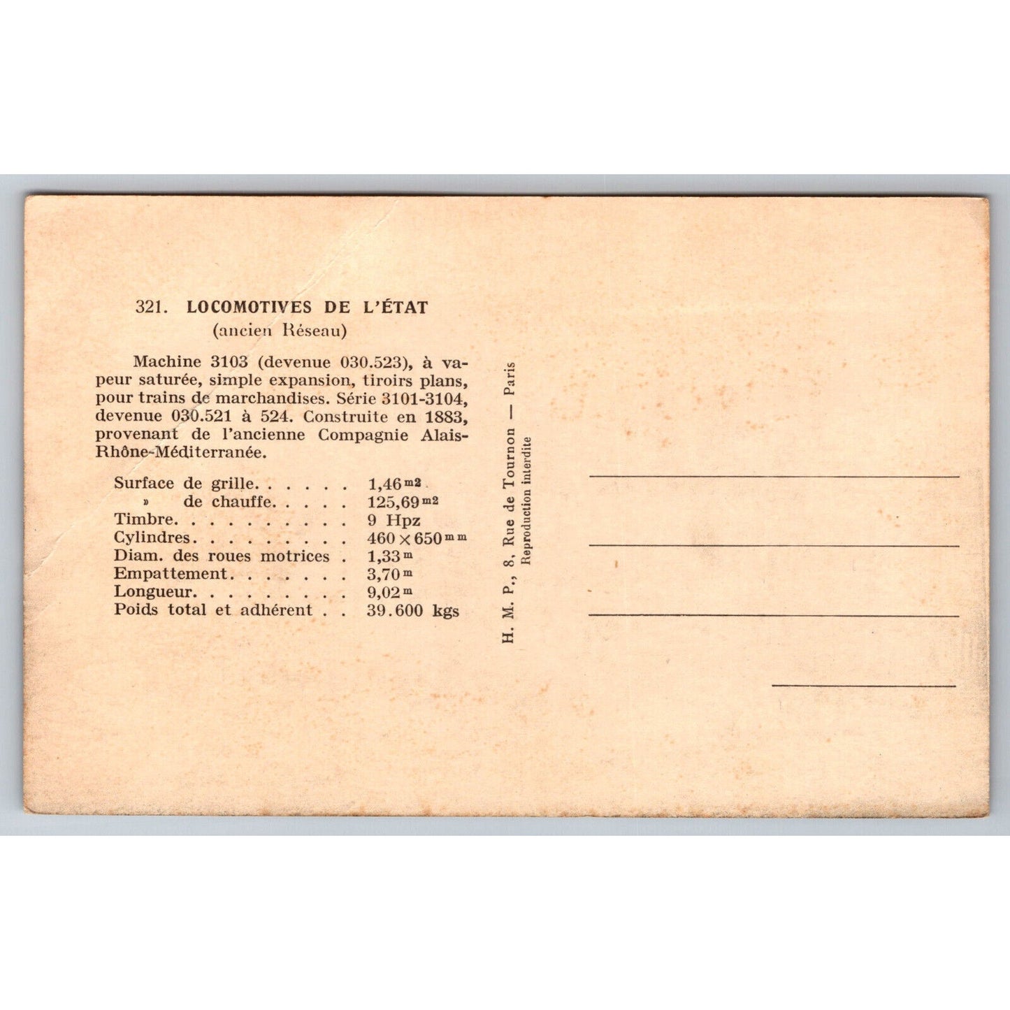 French Railroad RPPC* Postcard Machine 3103 Series 3101-3104 c1900 H.M.P.