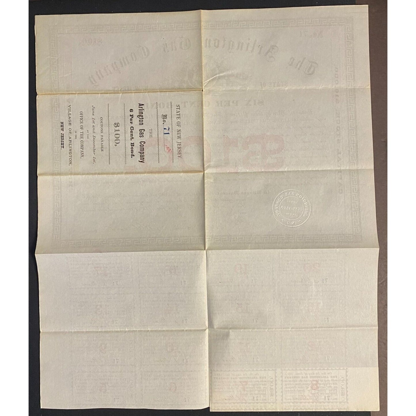 Arlington Gas Company New Jersey 1880 $100 Bond Certificate Scarce VGC