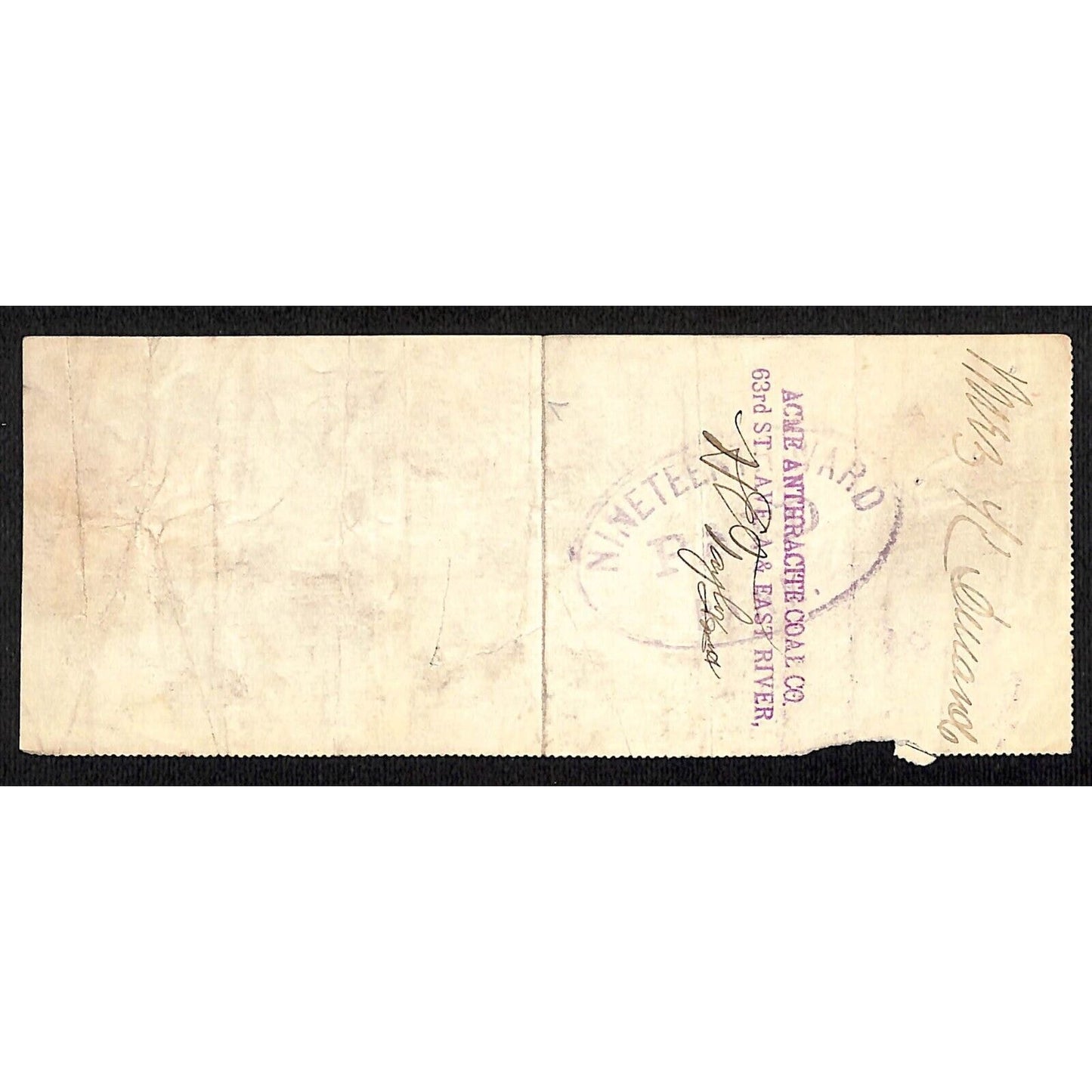 1900 Wells Fargo & Co Bank 63 Broadway NYC Check #63 w/ Rev Stamp
