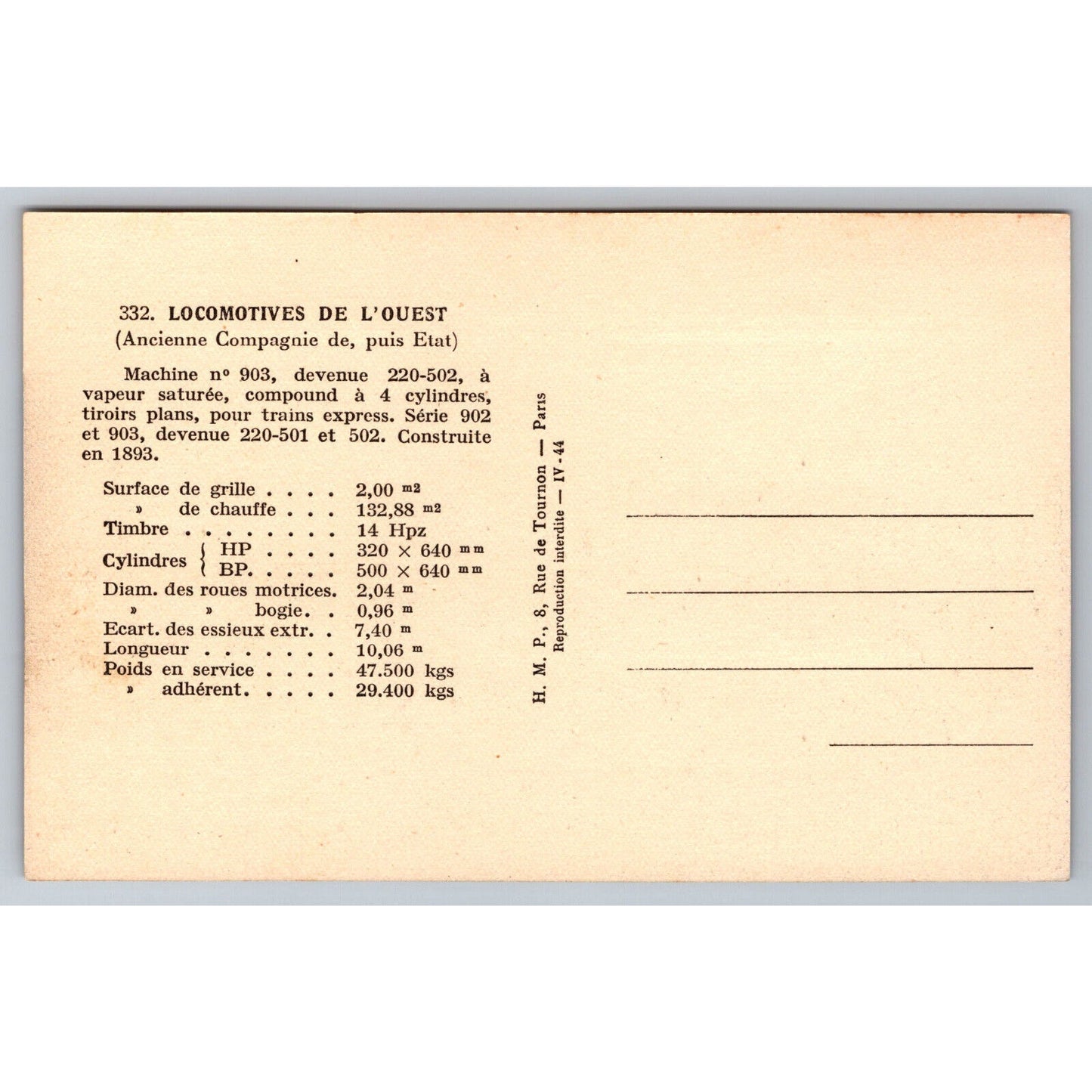 French Railroad RPPC* Postcard Machine 903 Series 902-903 c1900 H.M.P.
