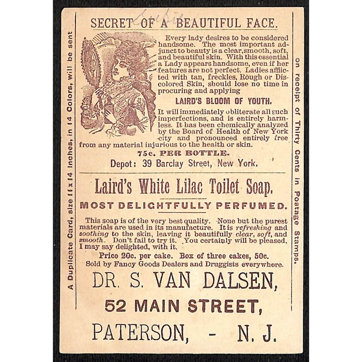 Dr. S. Van Dalsen Paterson, NJ Laird's Soap Victorian Trade Card Girl Flowers