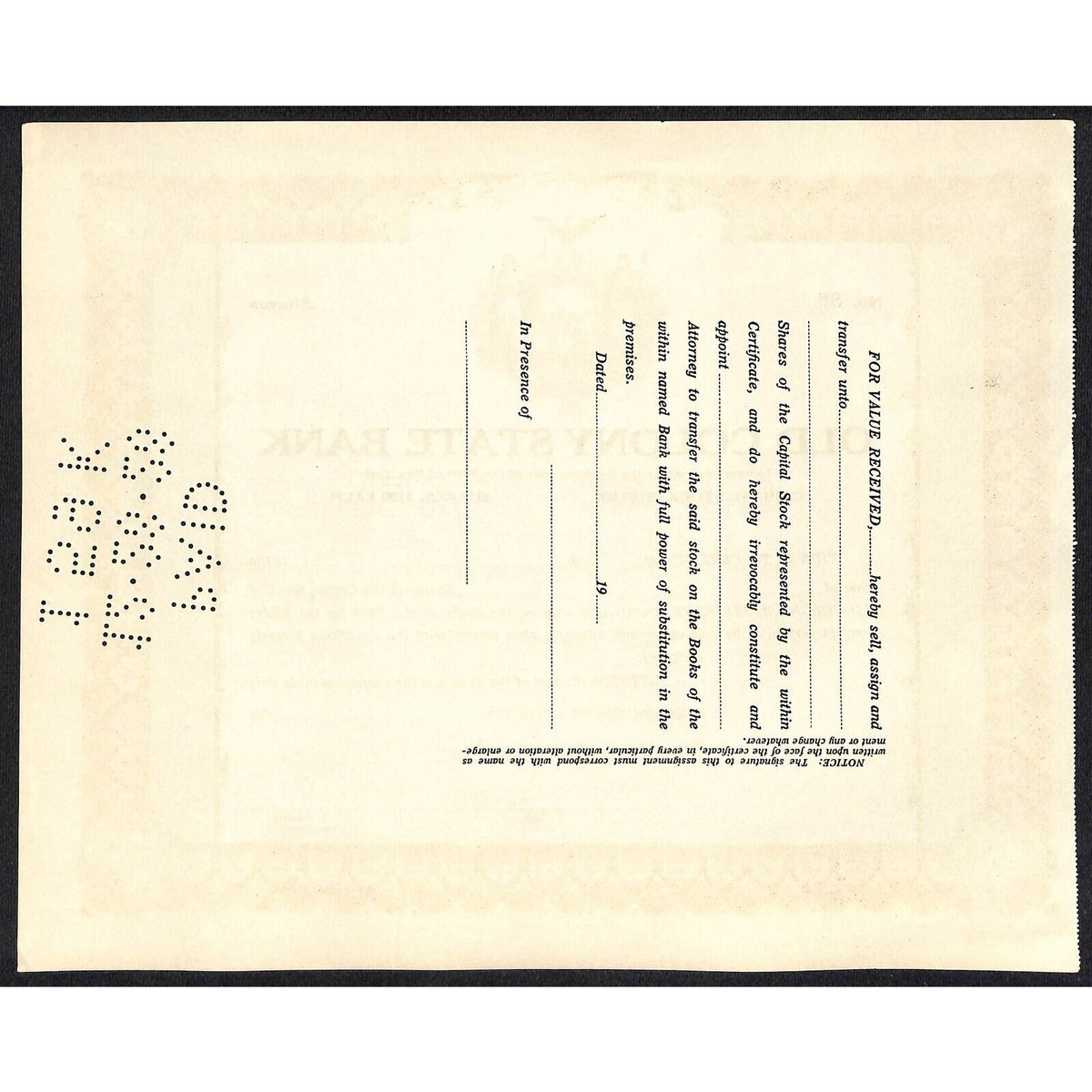 Old Colony State Bank NY c1925 (1928 Cancel) Stock Certificate Unissued #85 VGC