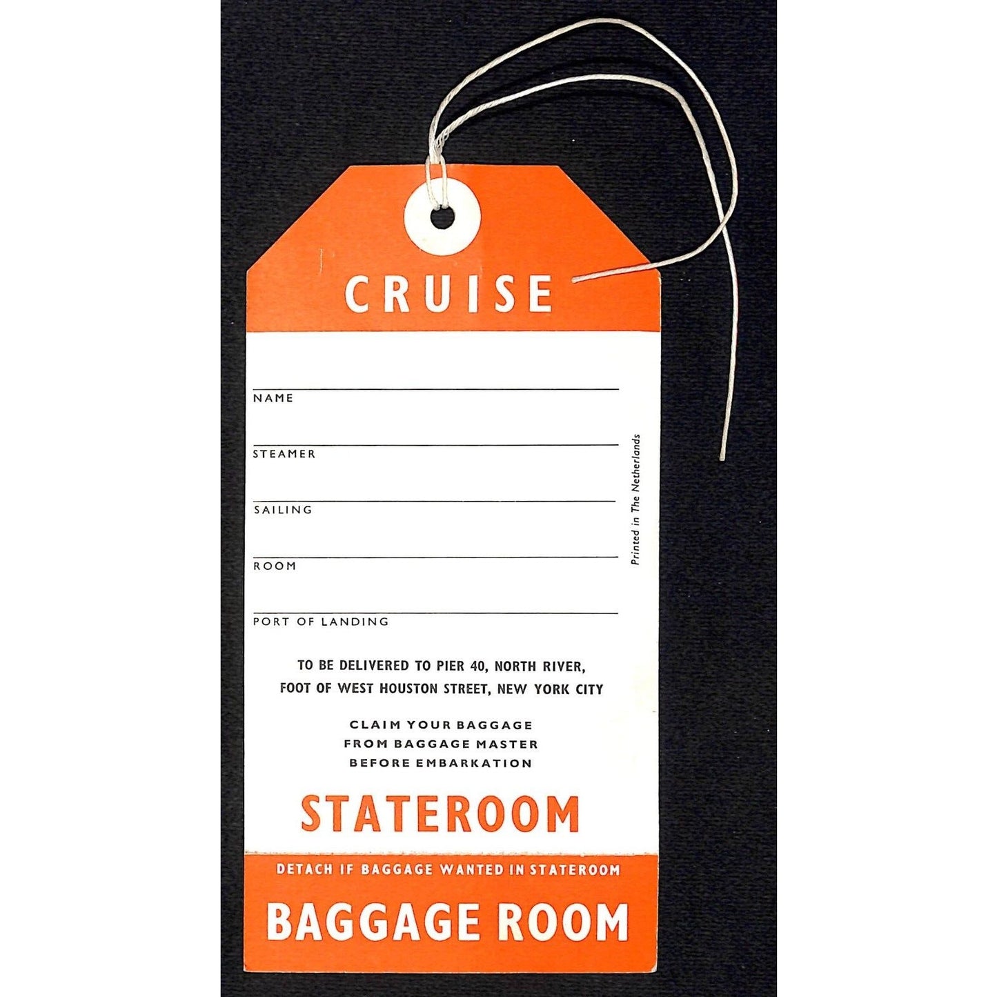 Holland America Line Pier 40 NYC NOS c1975 Red Stateroom Cruise Ship Luggage Tag