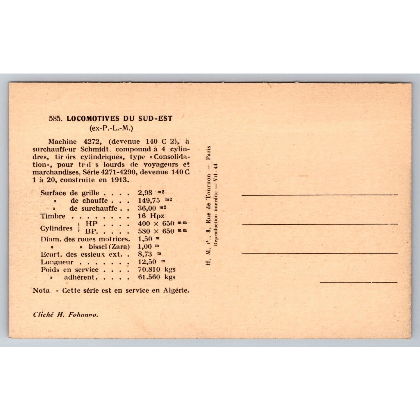 French Railroad RPPC* Postcard Machine 4272 Series 4271-4290 c1913 H.M.P.