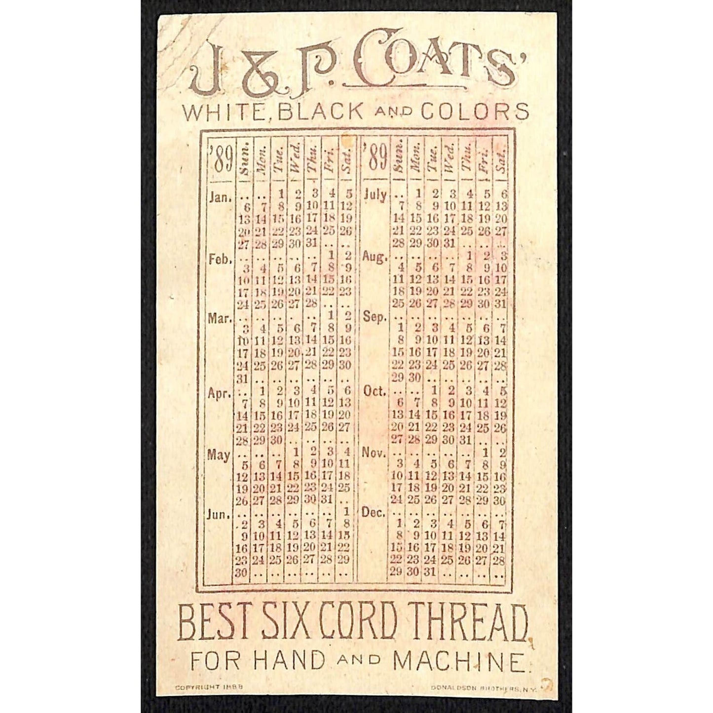 J & P Coats Thread Victorian Trade Card 4 Monkeys Make Music 1889 Calendar