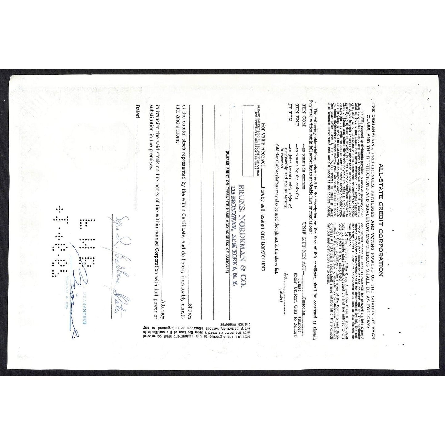 All State Credit Corporation NY 1966 Stock Certificate to: Mrs. I Barbara Slater