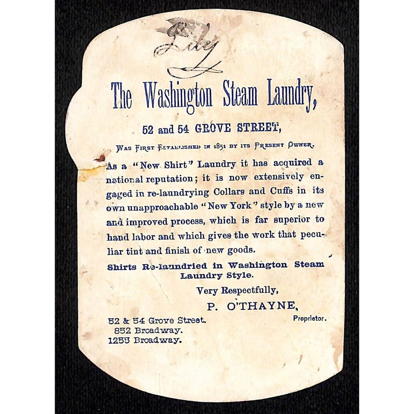 Branch "A" Washington Steam Laundry 852 Broadway NYC Victorian Trade Card Scarce