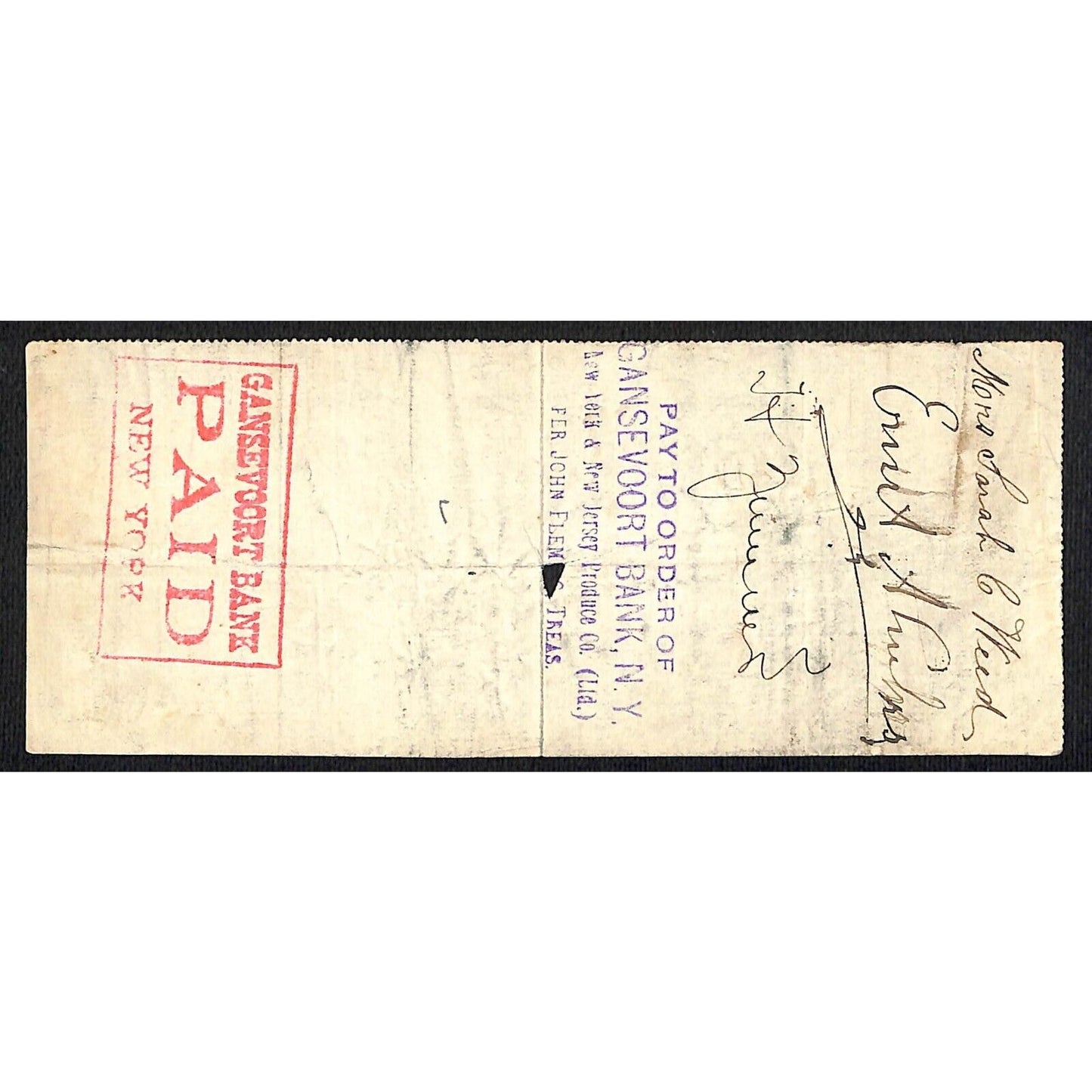 1900 Wells Fargo & Co Bank 63 Broadway NYC Check #87 w/ Rev Stamp to S.C. Weed